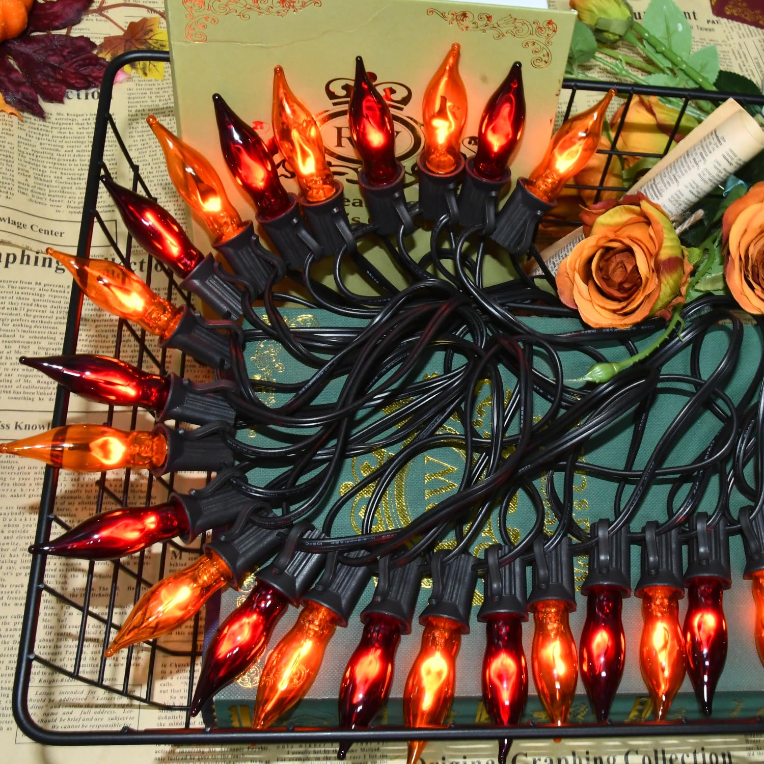 27.78 Ft Halloween Ligths, C7 Clear Orange And Purple Flickering Flame String Lights Outdoor, E12 Screw Base, Flame String Lights For Halloween Indoor Outdoor Roofline Garden Patio Party Decorations