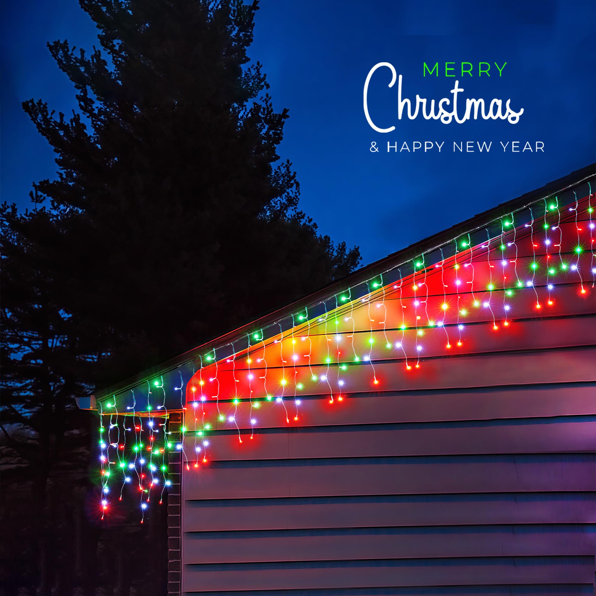 WBao Icicle Lights Outdoor, 432 LED, 33FT, Remote Control, 8 Modes, Waterproof, Red Green White