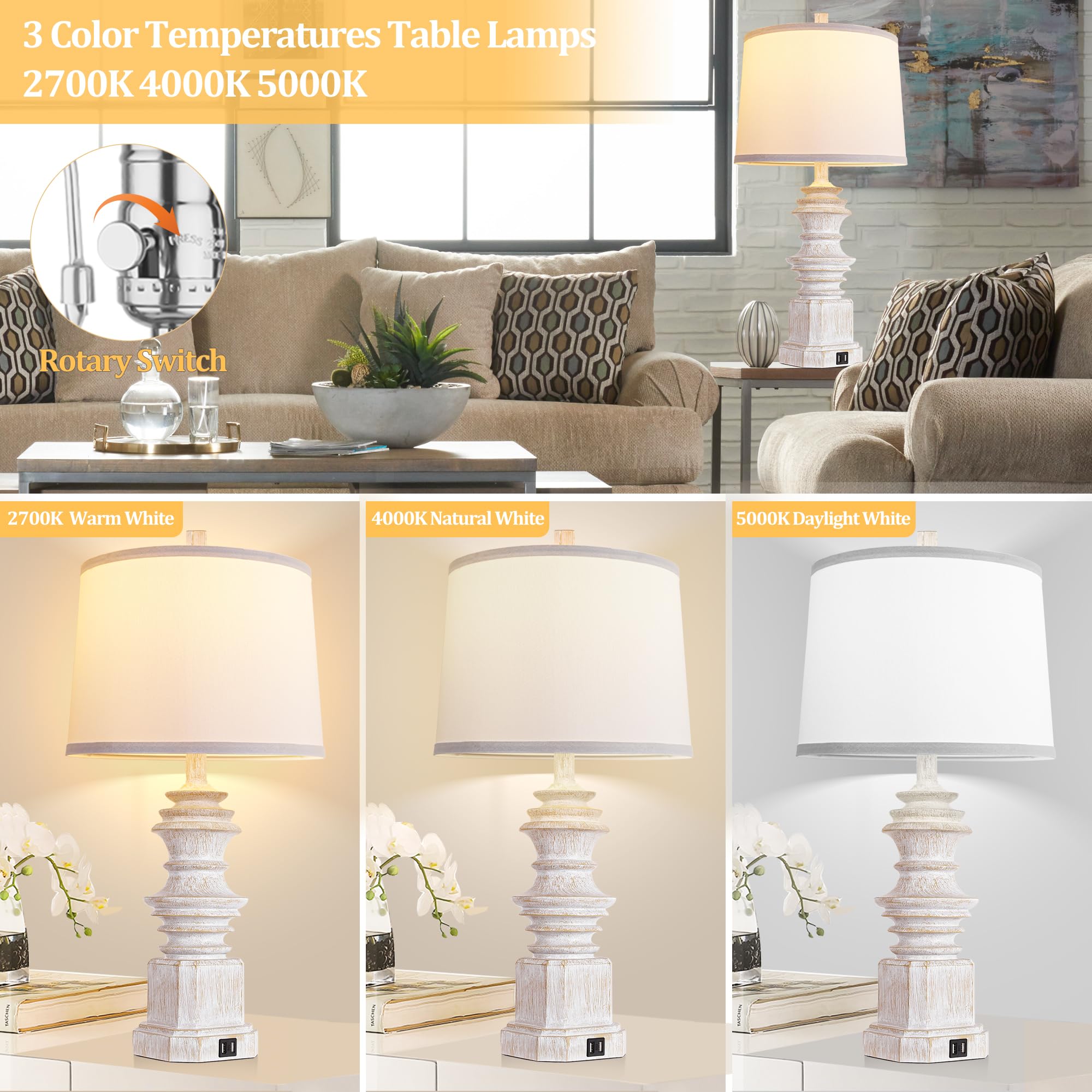 QiMH Table Lamps Set of 2 with Dual USB Ports, White Fabric Shade, Farmhouse Style, Model QMLP307AWL