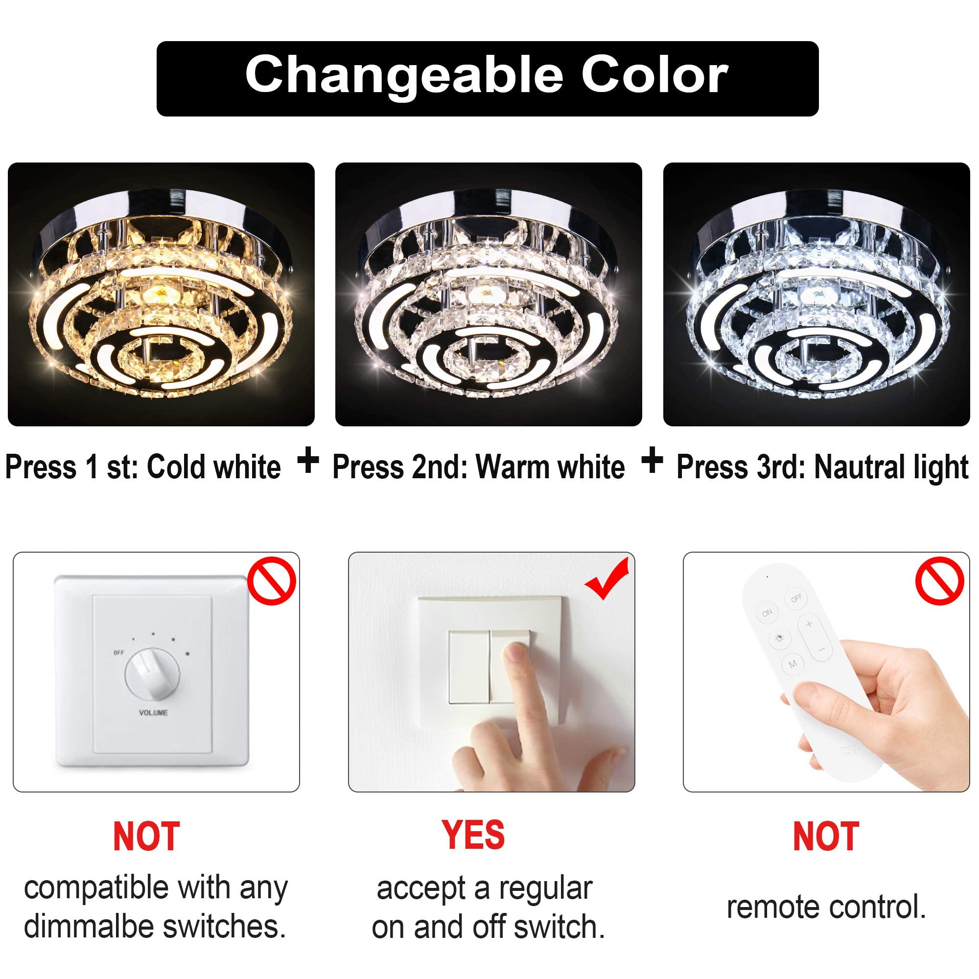 CXGLEAMING Modern LED Ceiling Light Chandelier, K9 Crystal, Stainless Steel, 3 Color Light, Round Small, Variable Light