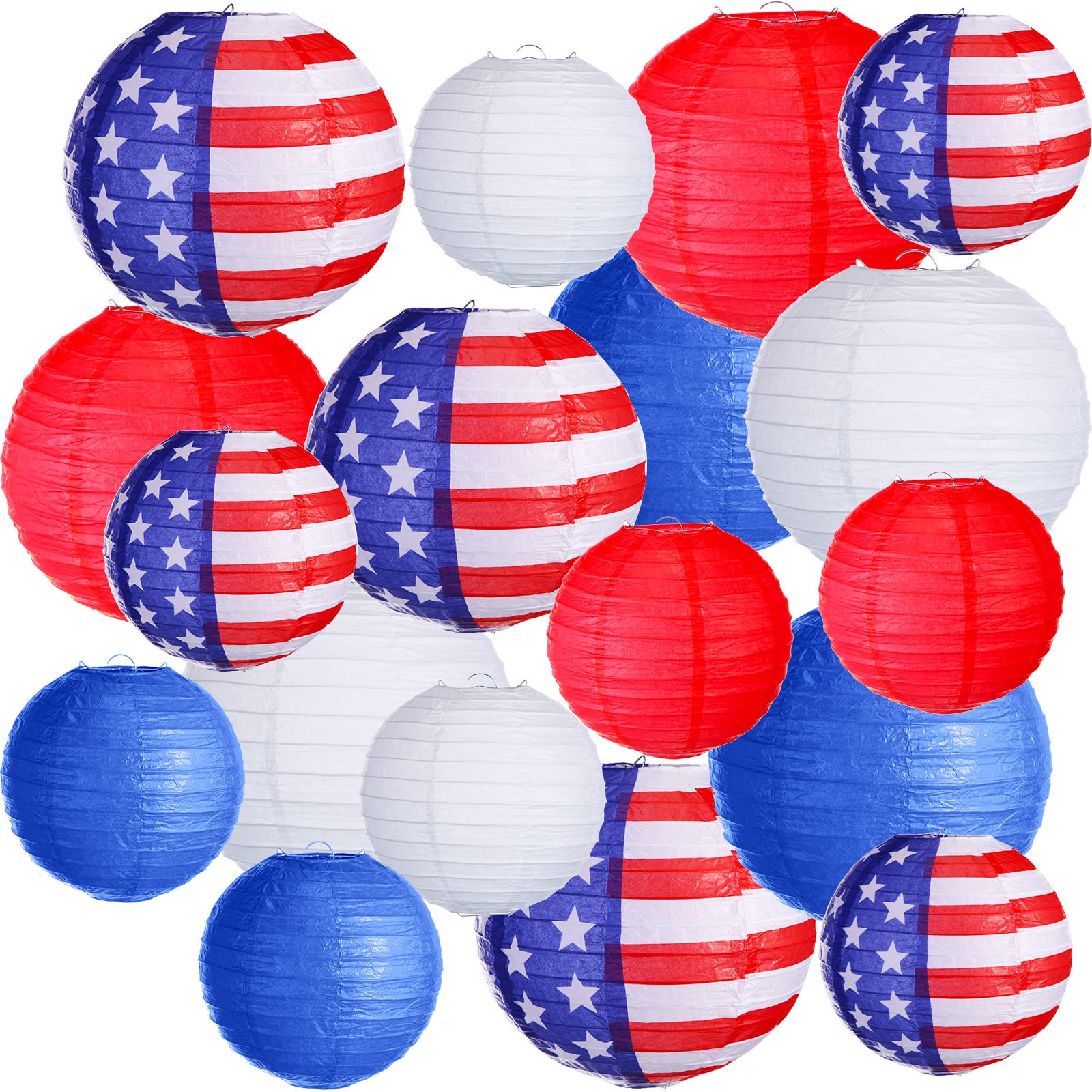Retisee 18 Pcs Patriotic Paper Lanterns Decorations, Red White Blue Hanging Lantern Set for 4th of July Party Decor, Outdoor Ind