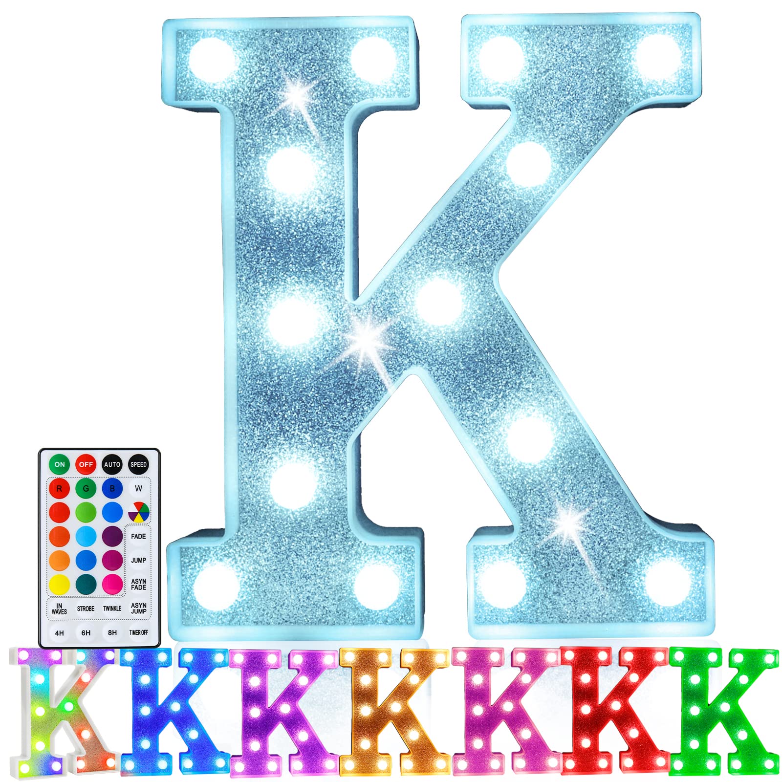 Pooqla LED Letter Lights Marquee Sign, 18 Colors with Remote, Battery Powered, Glitter Silver K