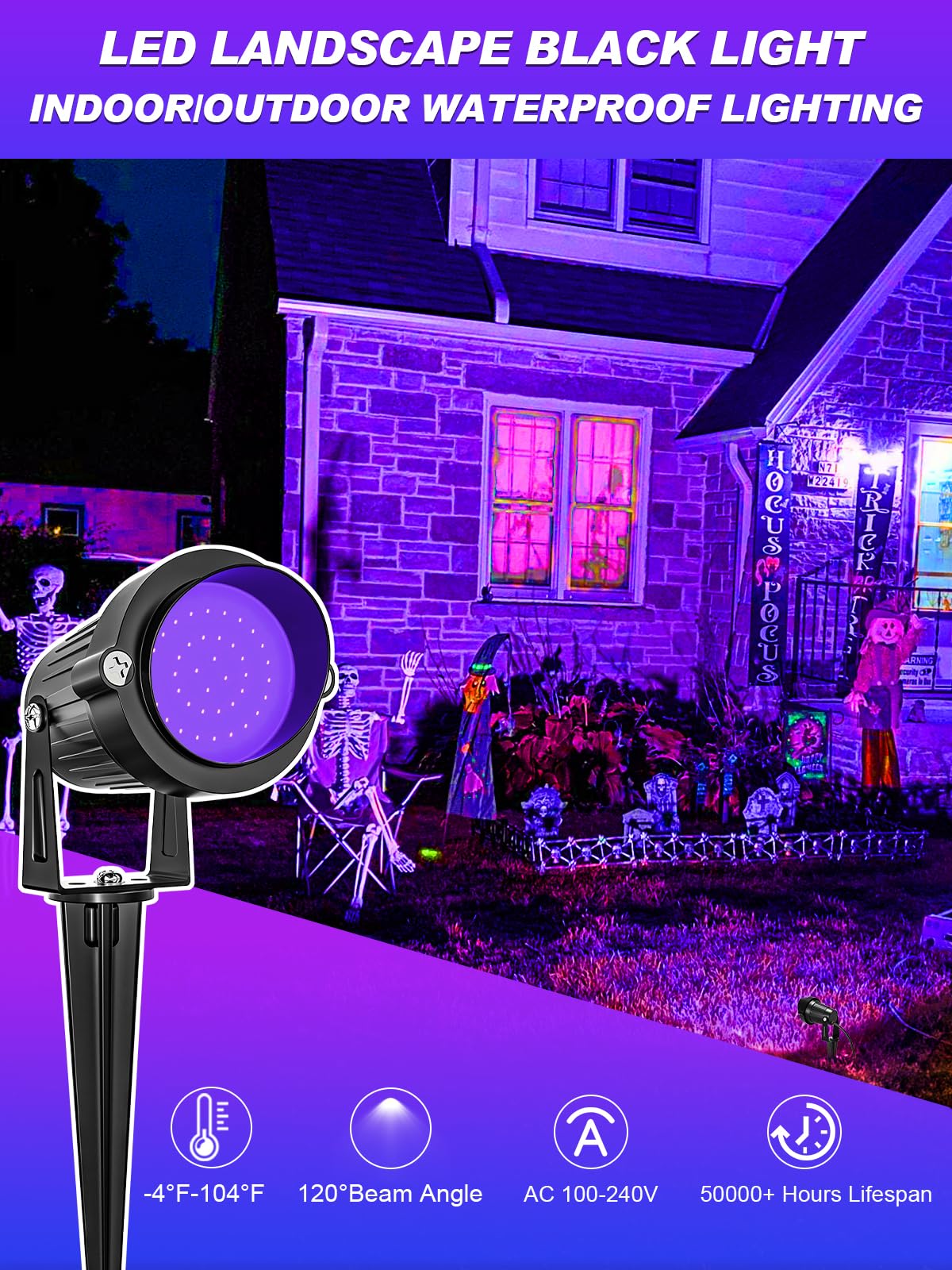 DOREIO 15W LED Black Lights - Waterproof Outdoor Spotlight, 2 Count, Blacklight, Model DO-2
