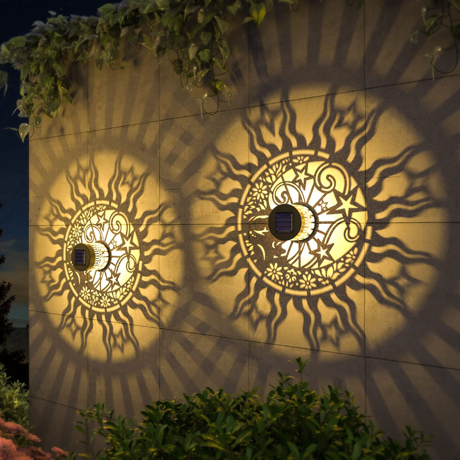gardencave Solar Fence Lights - Metal, Waterproof, Sun Moon Theme - 4 Pack - Face