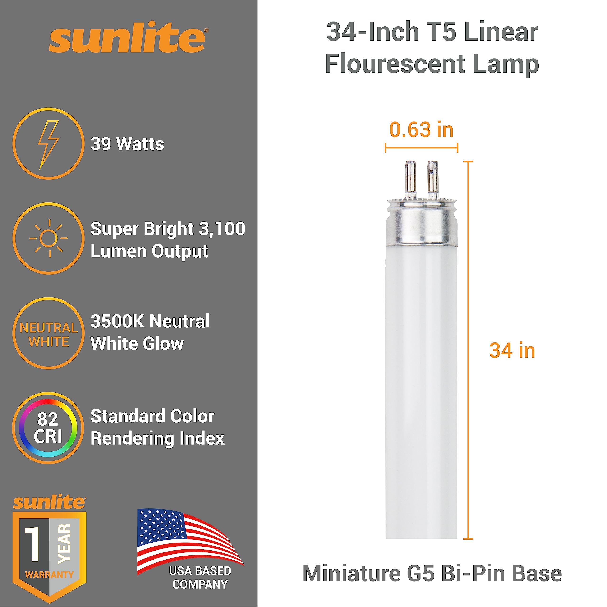 Sunlite T5 Linear Fluorescent Lamp 39W 3100 Lumens 34-Inch G5 Bi-Pin 3500K Neutral White 40 Pack