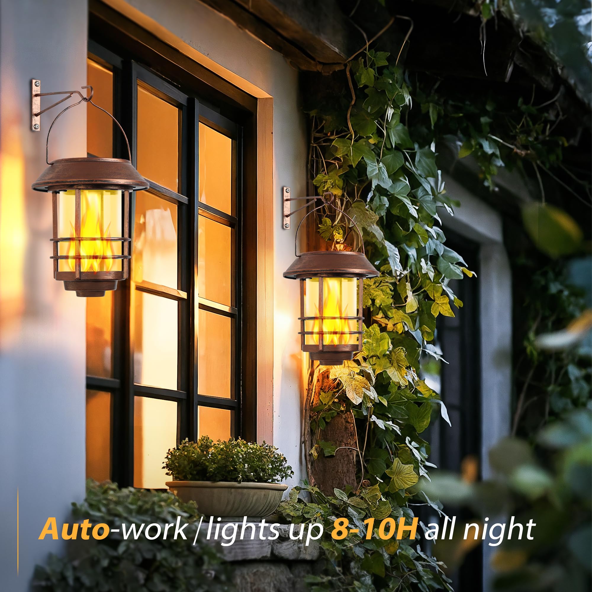Otdair Solar Wall Lantern Outdoor, Flickering Flames Sconce Lights, Hanging Solar Lamps Wall Mount For Front Porch, Patio And Ya