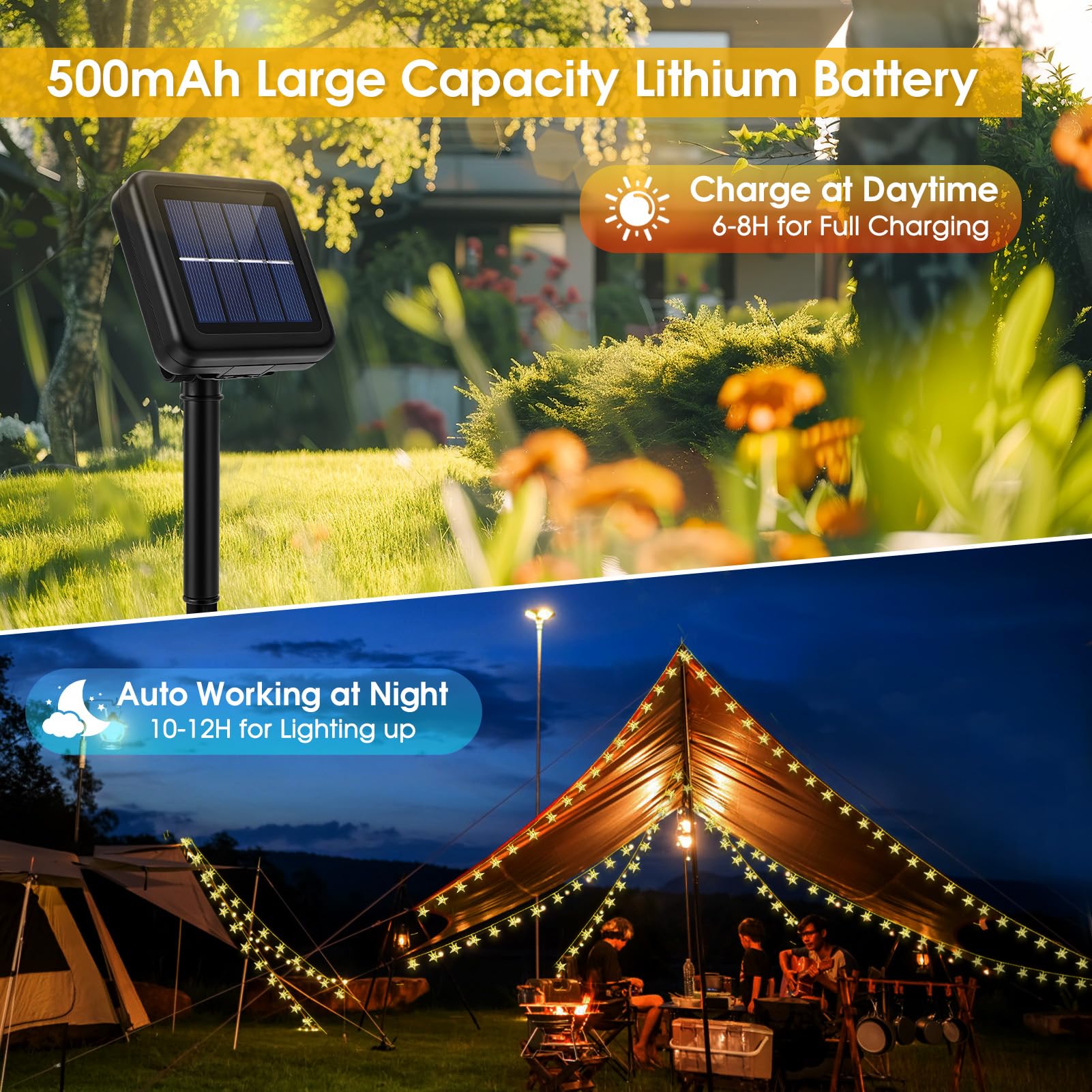 ReyeeInc Solar Star Lights, 100 LED Warm White Twinkle String Lights, Waterproof, 8 Modes for Outdoor Garden, Patio, Camping, RV, Tent