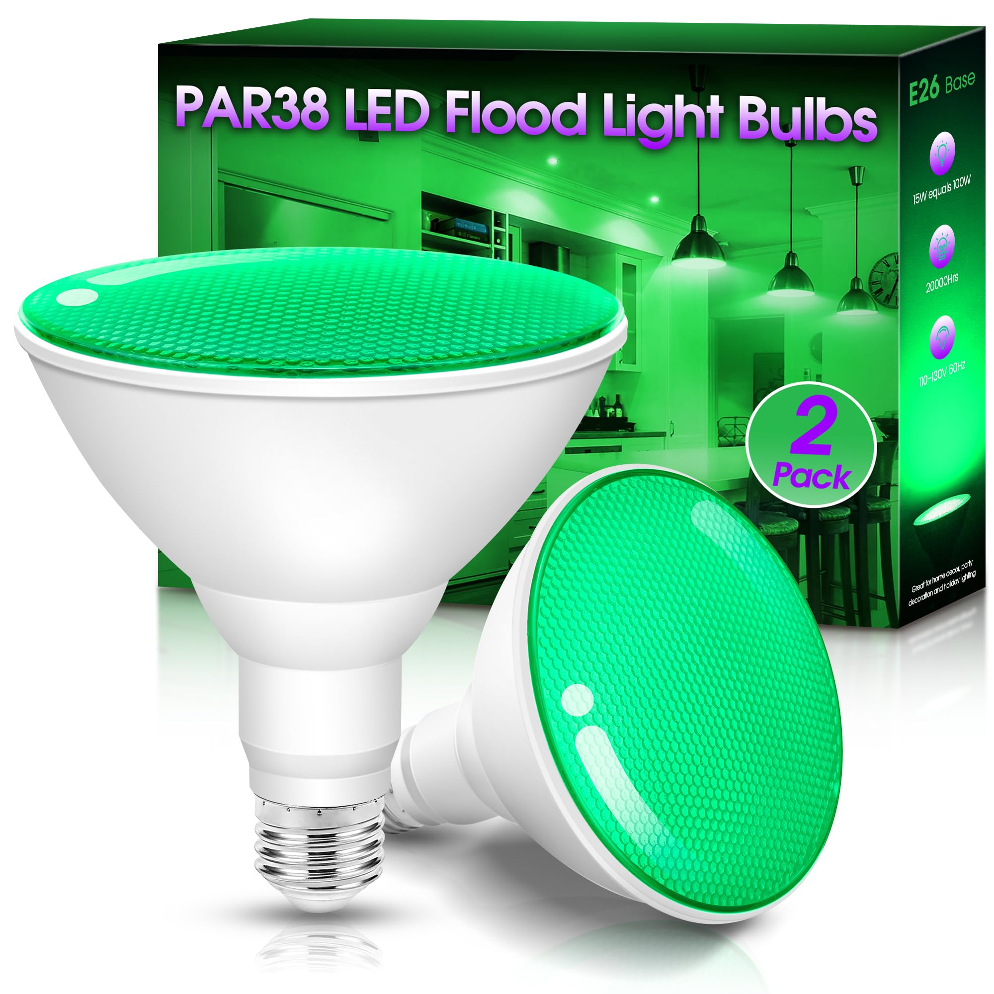 Fulighture Green Flood Light Bulbs 2 Pack  Par38 15W(100W Equivalent) E26 Led Flood Green Lights Bulbs Outdoor Not-Dimmable  Colored Light Bulbs For Christmas Decor  Porch Home Lighting