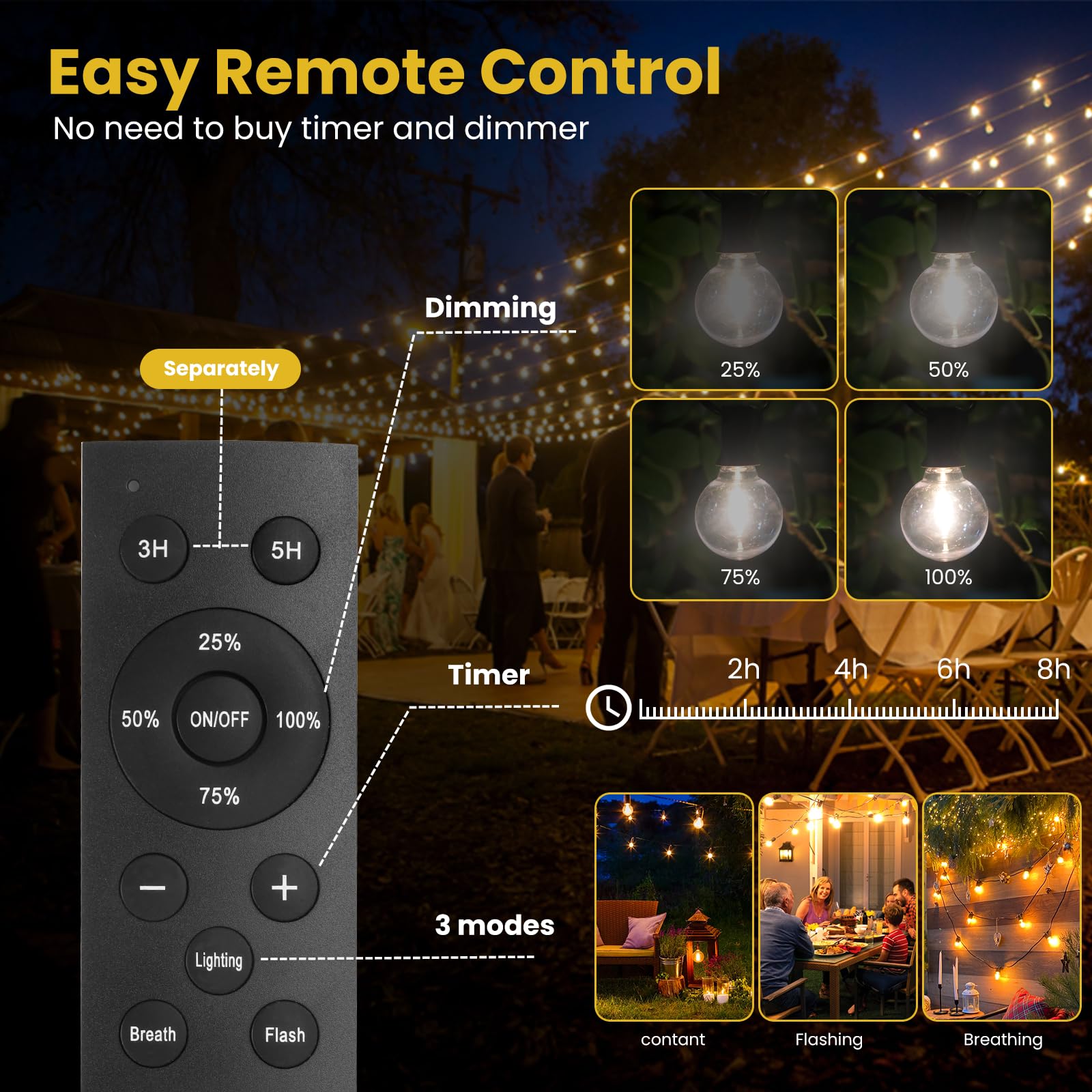 100Ft Solar String Lights Outdoor Waterproof With Remote, G40 Solar Powered String Lights With 30+2 Led Shatterproof Bulbs, Dimm