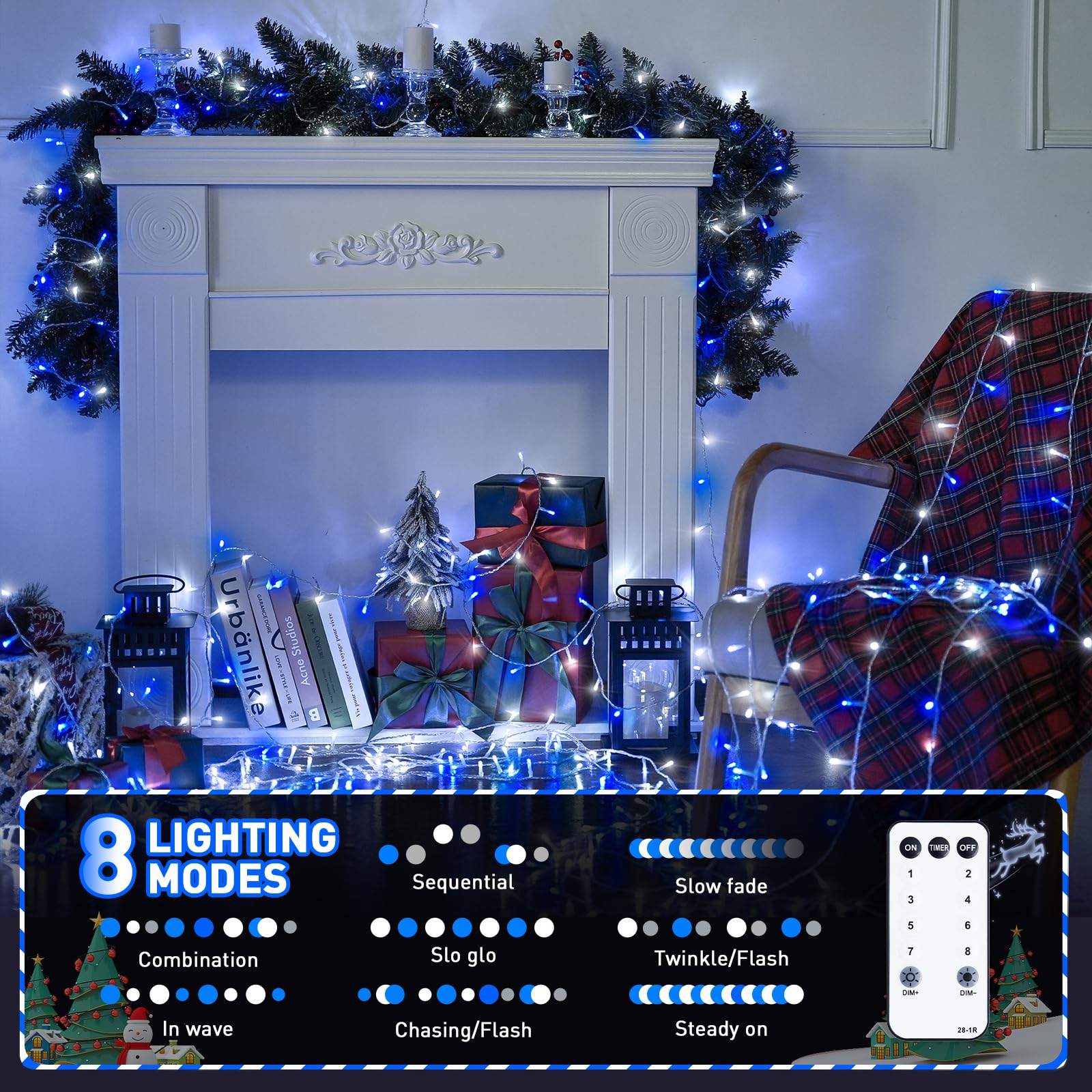 Jmexsuss Connectable Blue And White Christmas Lights, 8 Modes 100 Led Twinkle String Lights Indoor, Clear Wire Plug-In Christmas String Lights Outdoor Waterproof