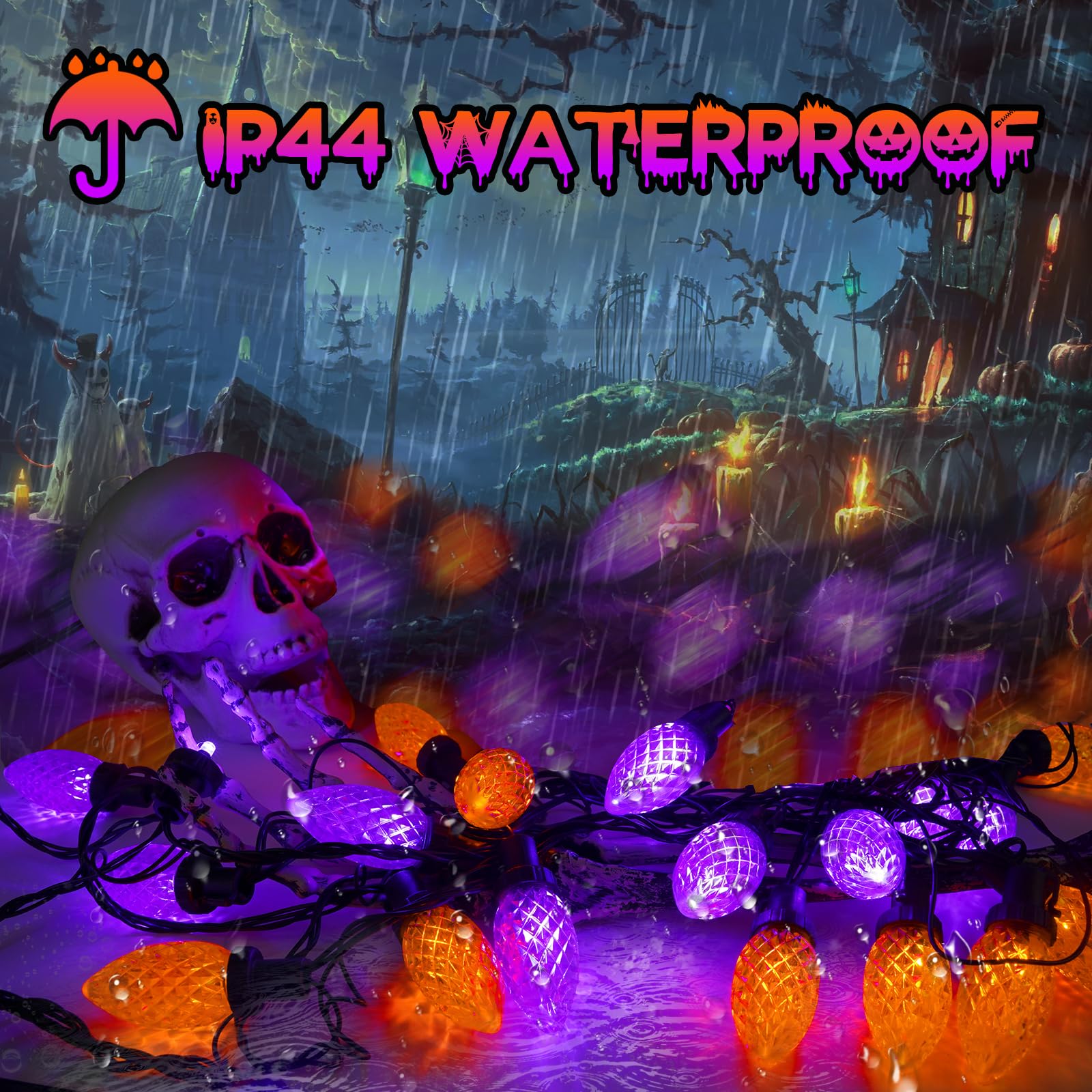 LORRYTE 2PK C9 Halloween String Lights - 100 LED, 98FT, Purple & Orange, 13 Modes, Waterproof, Indoor/Outdoor Decorations