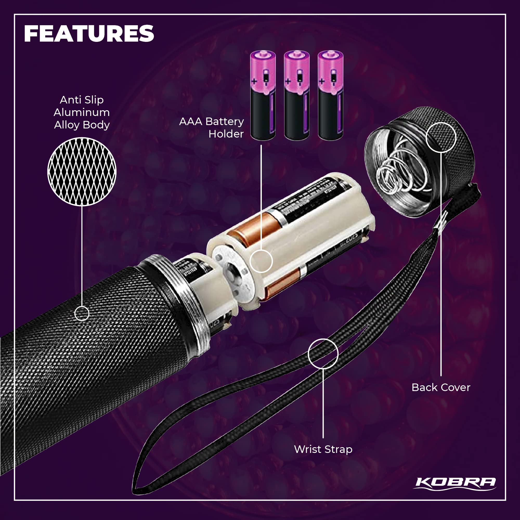 KOBRA Black 100 LED UV Flashlight - 18W Blacklight for Home Inspection, Pet Stains, and Counterfeit Detection