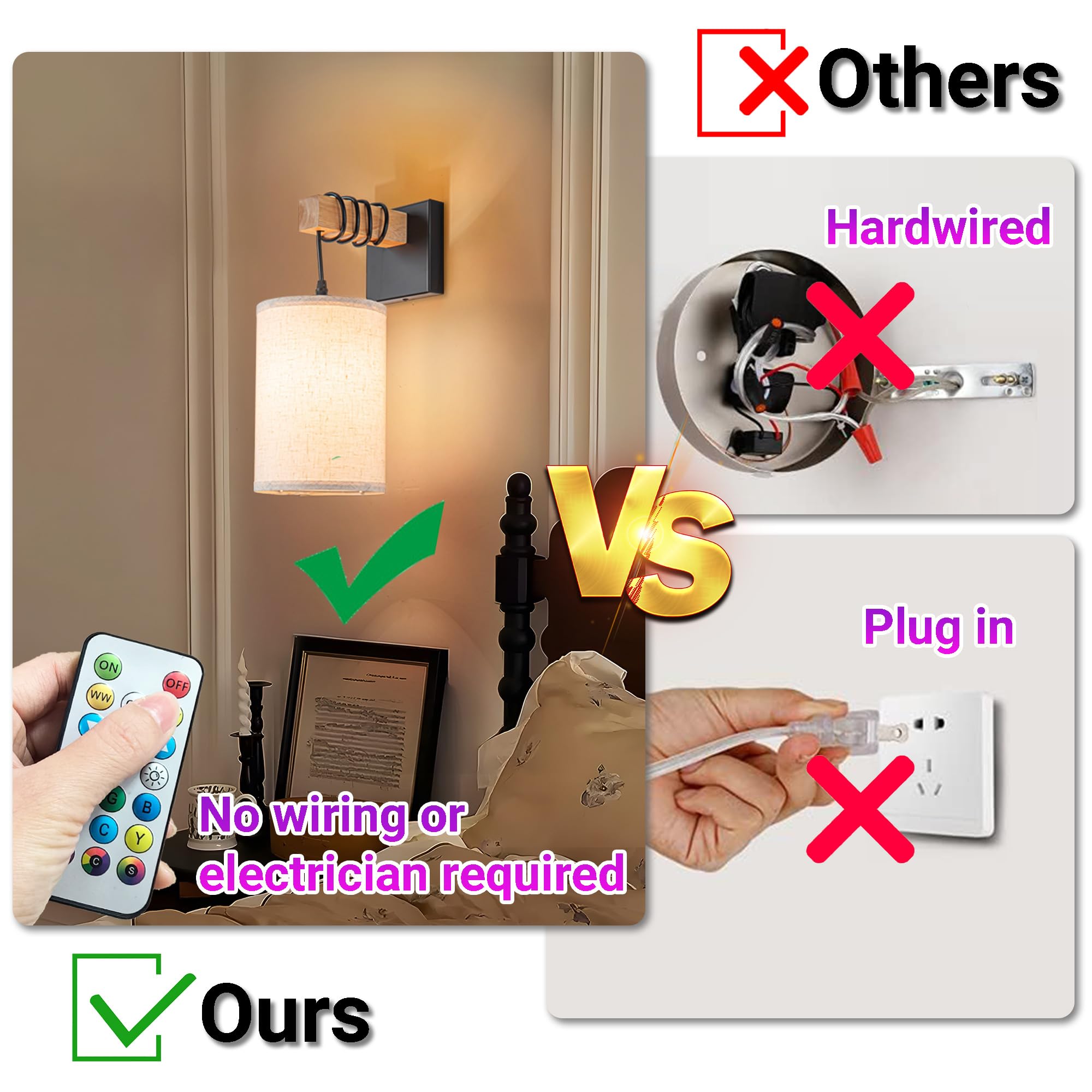 YHCDLAMP Battery Operated Wall Sconce Set of Two, Dimmable Wireless Indoor Light with RGB Bulb, Remote Control, White