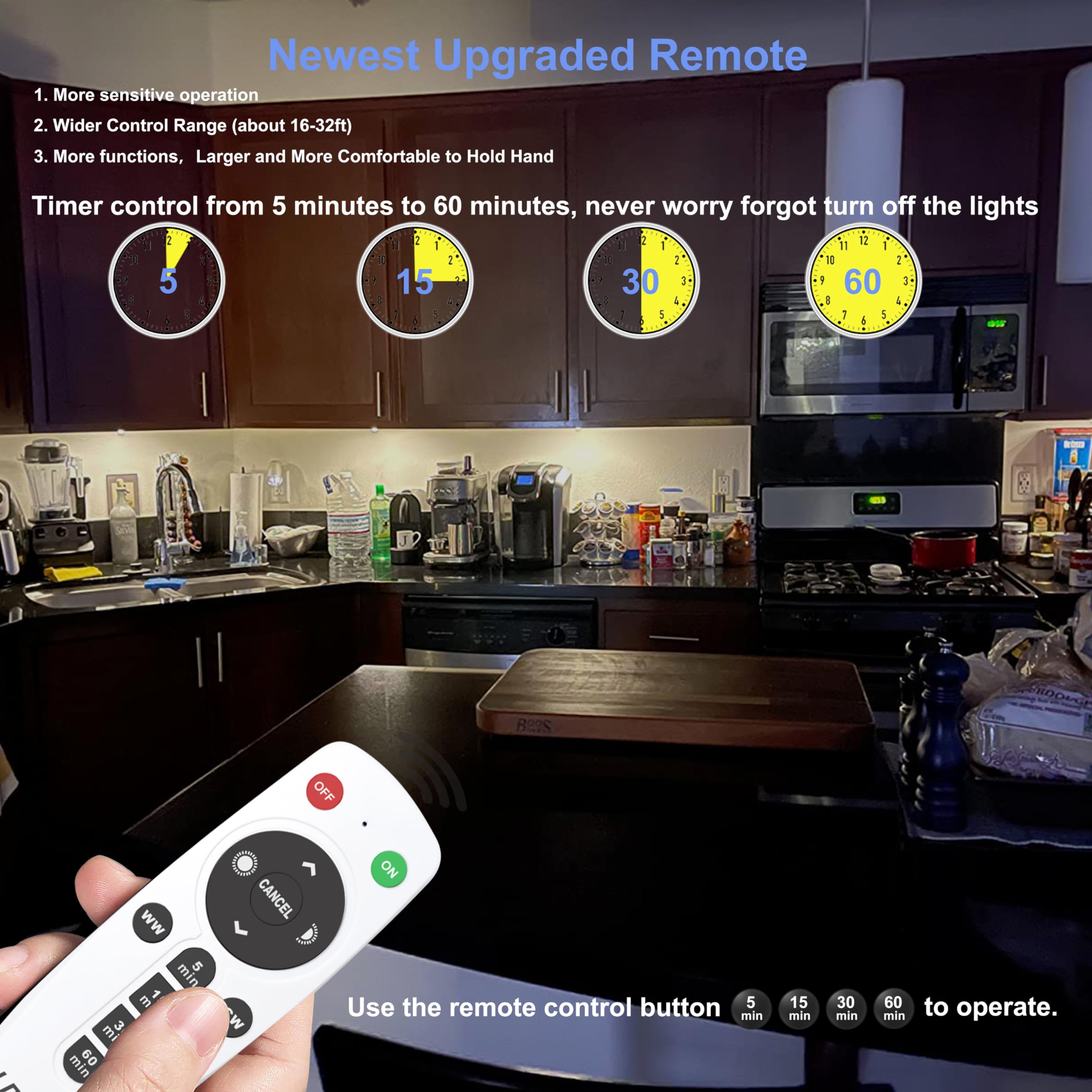 LDOPTO Wireless Under Cabinet Lights, Dimmable LED Battery Operated, Remote Control, Warm White, 4 Pack for Kitchen, Hallway, Stairs