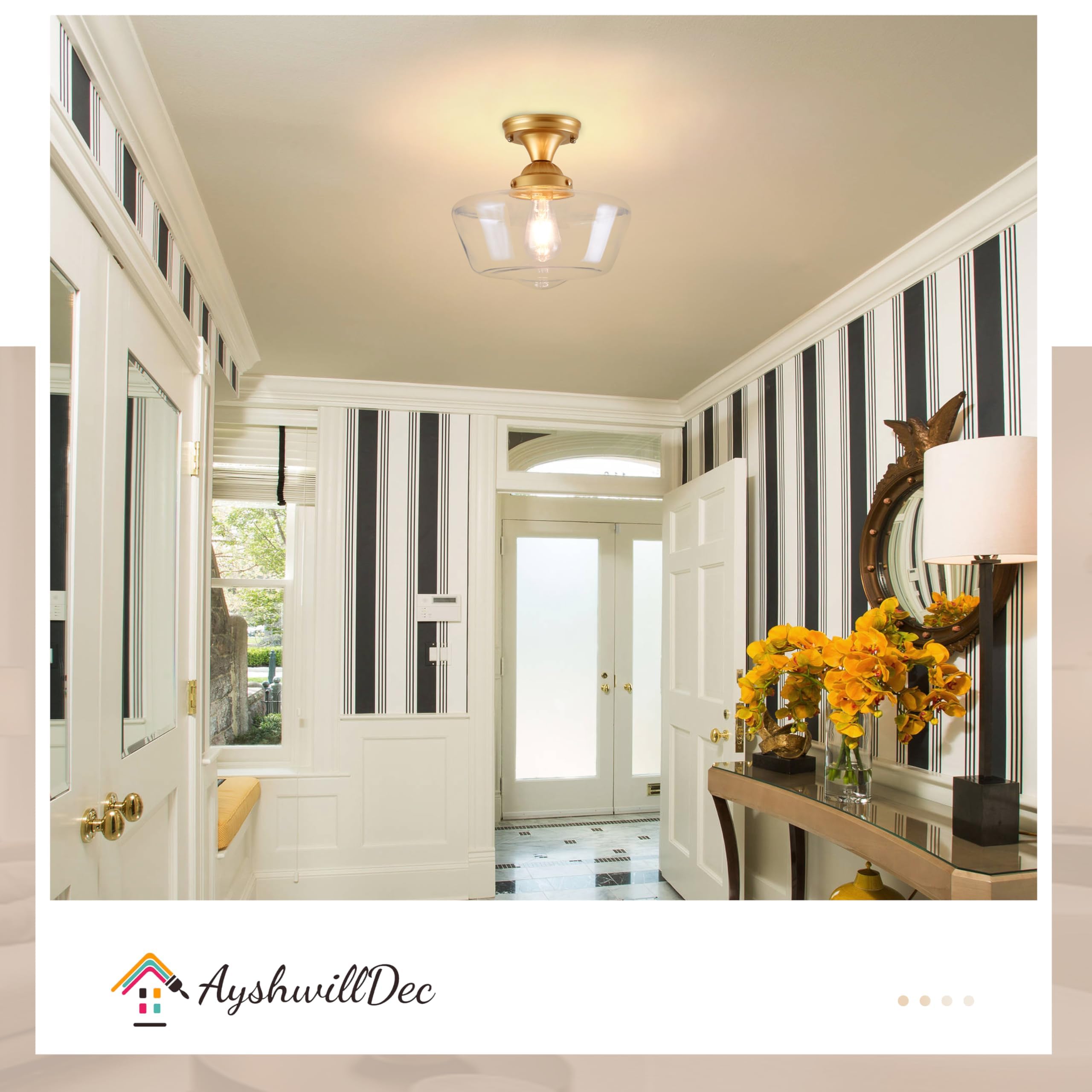 Ayshwilldec Brass Schoolhouse Light Fixture 12'' Mid Century Light Fixture Schoolhouse Light Fixtures Ceiling Clear Glass Semi F