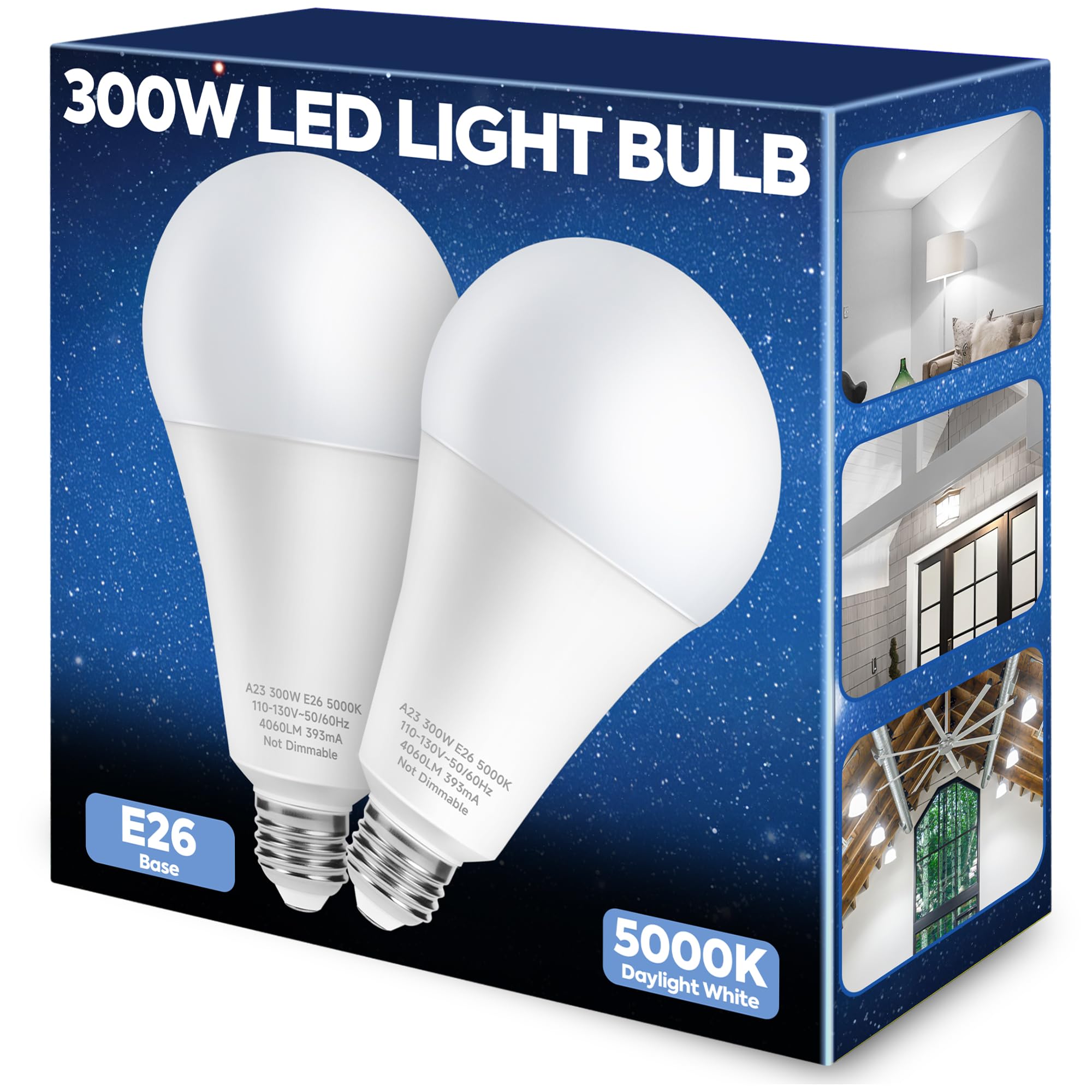 Nouscan LED Light Bulb, 300W Equivalent, 4060LM, Daylight 5000K, E26 Medium Base, 33W Energy Saving, 2 Pack