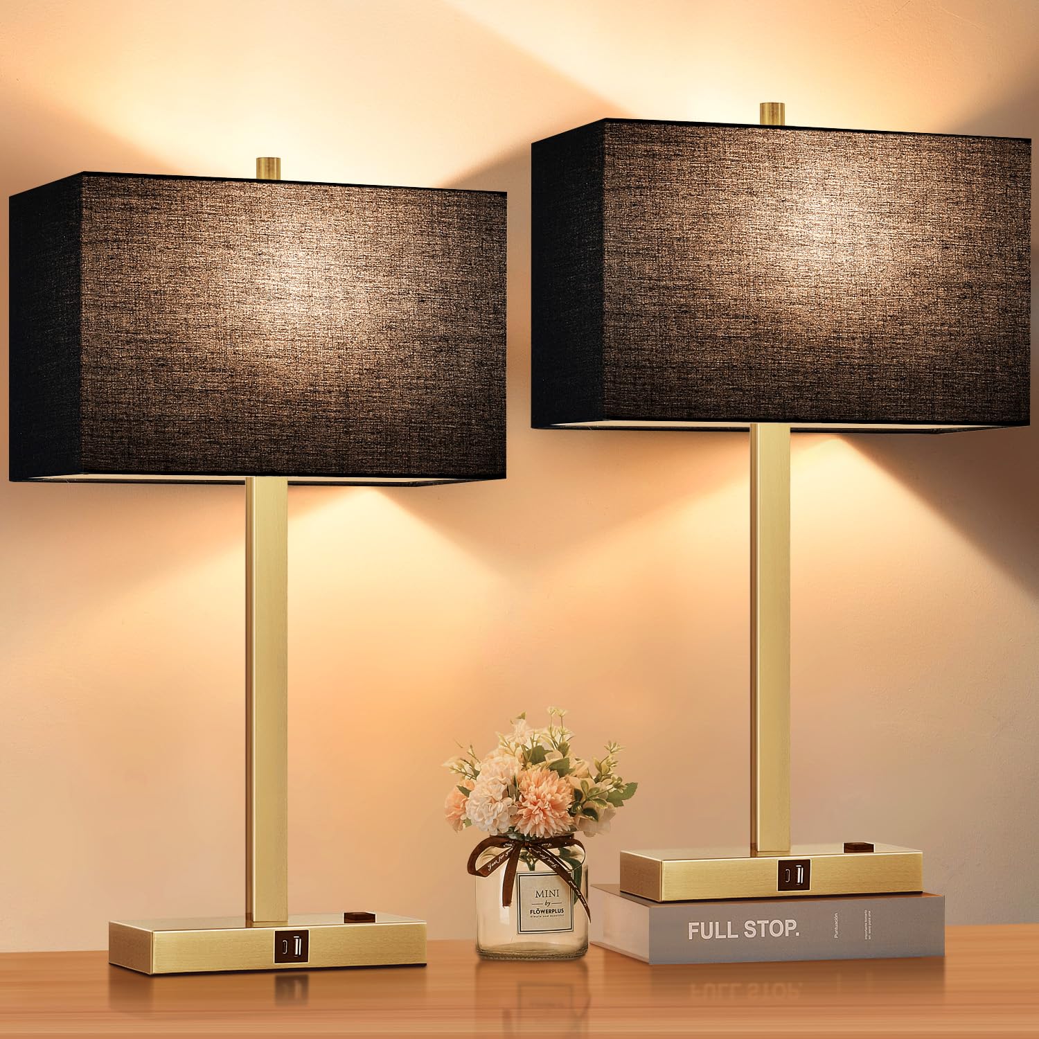 Lynnoland 21in Touch Control Bedside Lamps Set of 2 with USB A+C & AC Outlets, 3000K LED Bulbs, Black Shade, Model T3801