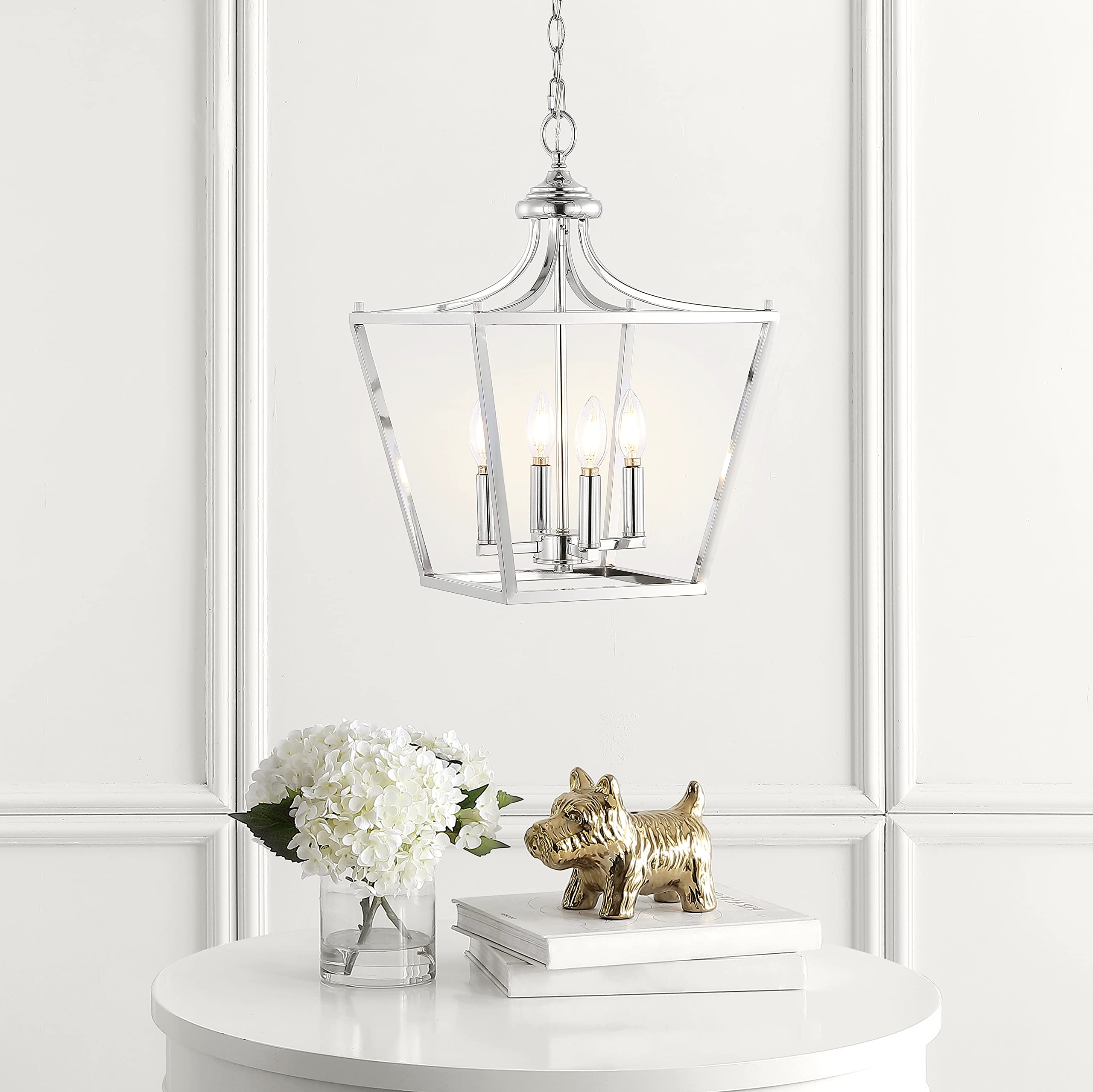JONATHAN Y 4-Light Iron Pendant Lantern, 13in Chrome, Model JYL7561B, Classic Midcentury Style for Dining Room, Living Room, Kitchen