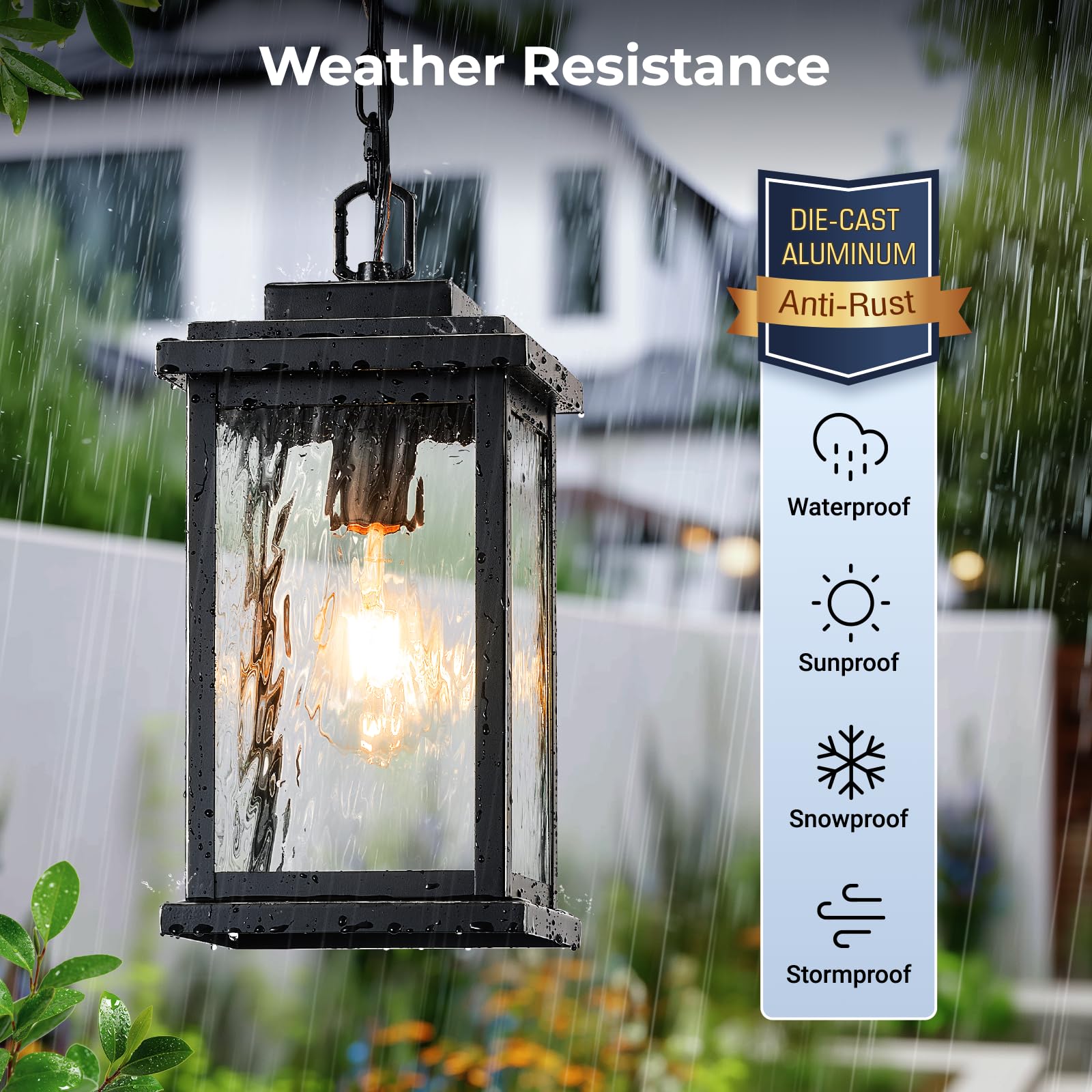 VIANIS Large Anti-Rust Outdoor Chandelier with Adjustable Wire, Black Pendant Light with Water Glass for Porch, Garden,Garage, E