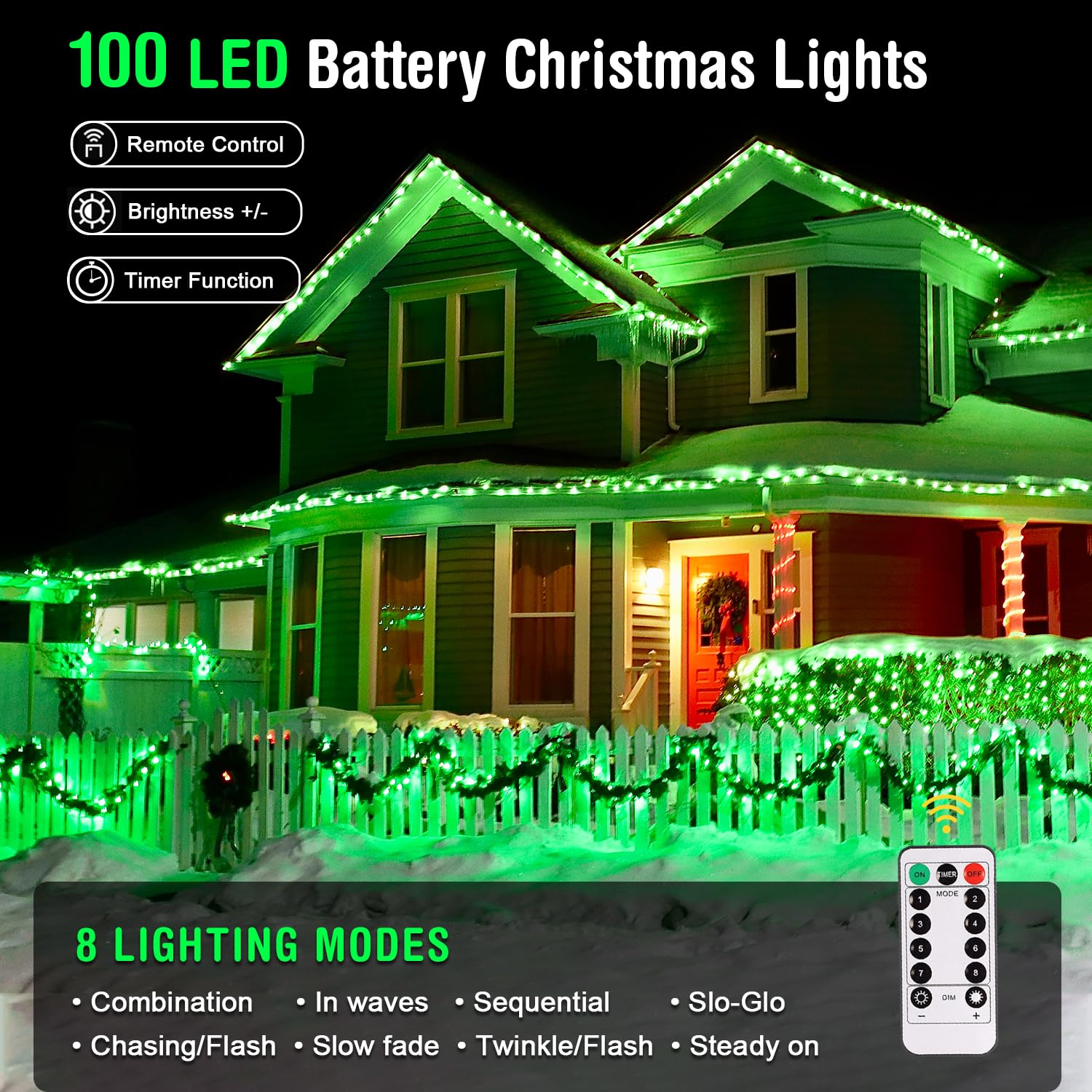 Jmexsuss Green Battery Operated Halloween Lights, 33Ft 100 Led Battery Operated Christmas String Lights, Twinkle Fairy Mini Lights With 8 Modes Remote Indoor Outdoor Waterproof For Halloween Dec.