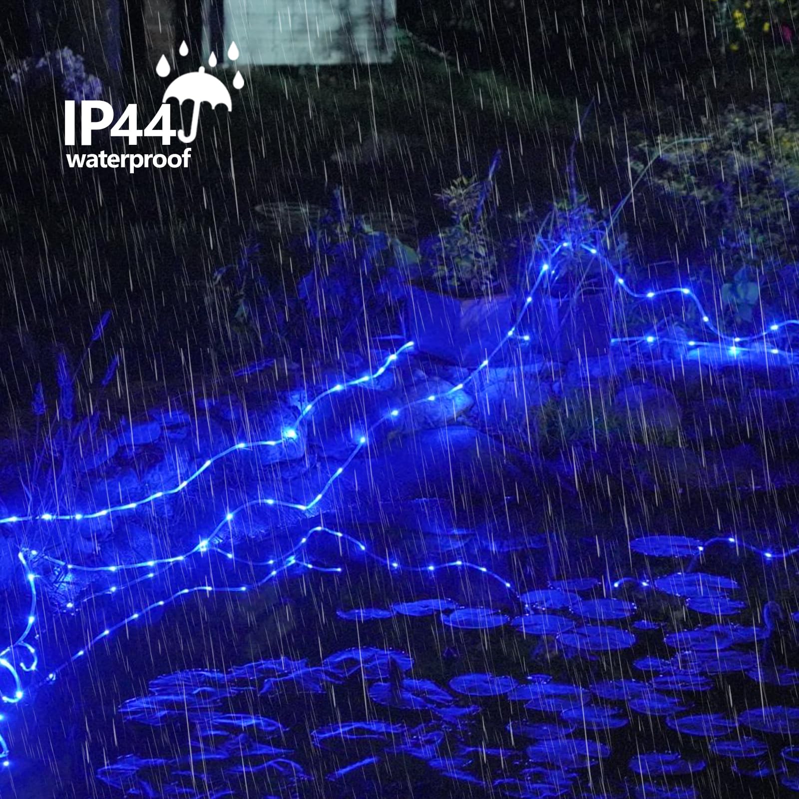 YEGUO Solar Rope Lights 66ft 200 LED Waterproof Blue Fairy Lights for Outdoor Patio Garden Trampoline