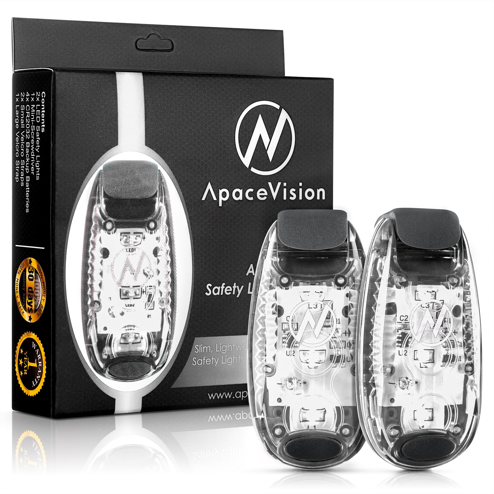 Apace Vision LED Safety Light (2 Pack) - Clip On Strobe Running Lights for Runners, Dog, Bike, High Visibility, White, Model AVSL1000