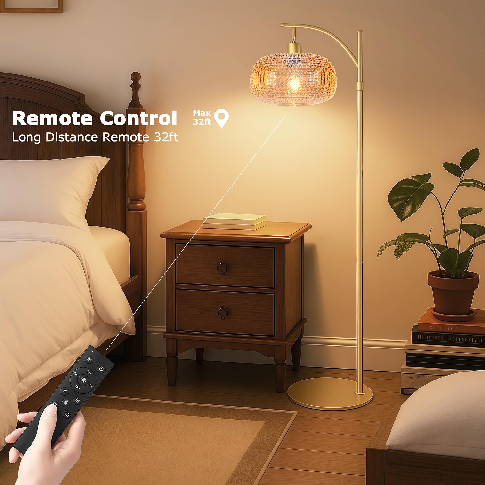 Glass Floor Lamp for Living Room with Amber Glass Lampshade, Dimmable Modern Floor Light with 12W LED Bulb, Remote Control Tall