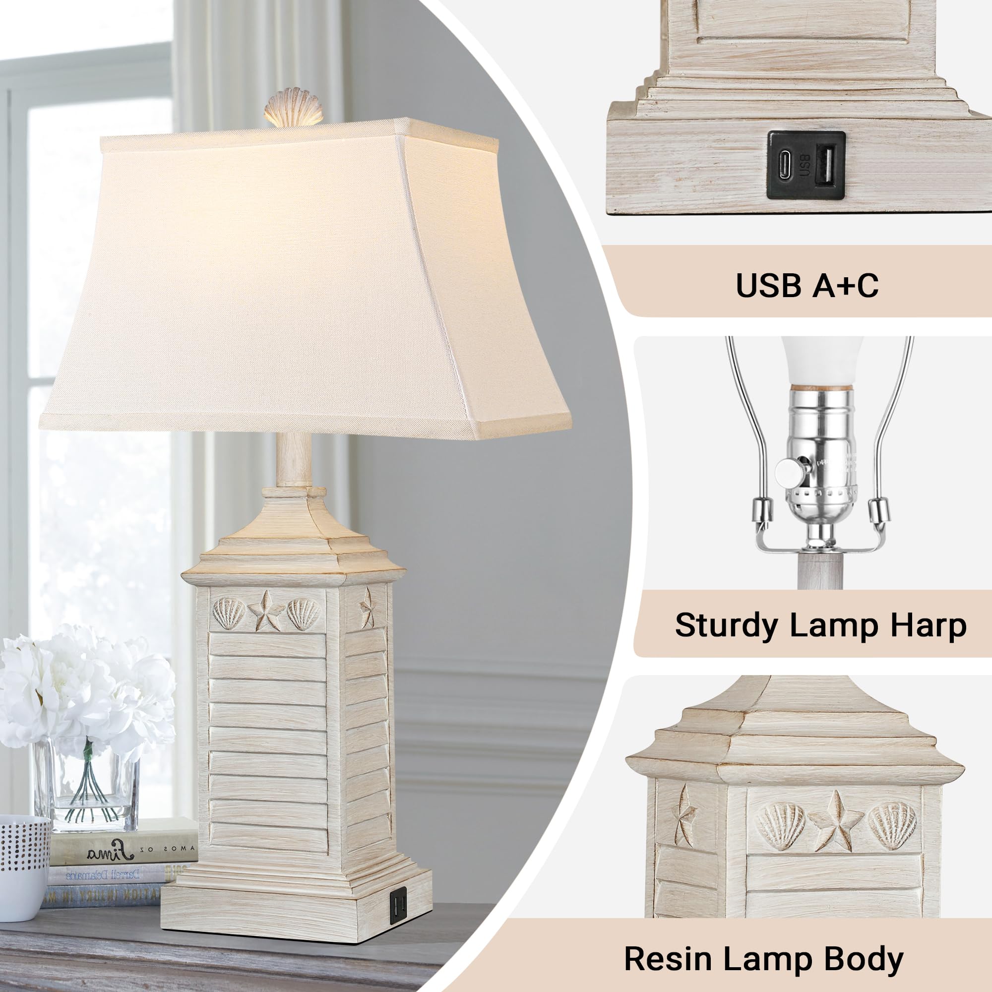 Hamucd Coastal Table Lamps Set of 2 - Washed White Modern Resin with USB A+C - LED 3-Color Temperature Nautical Decor