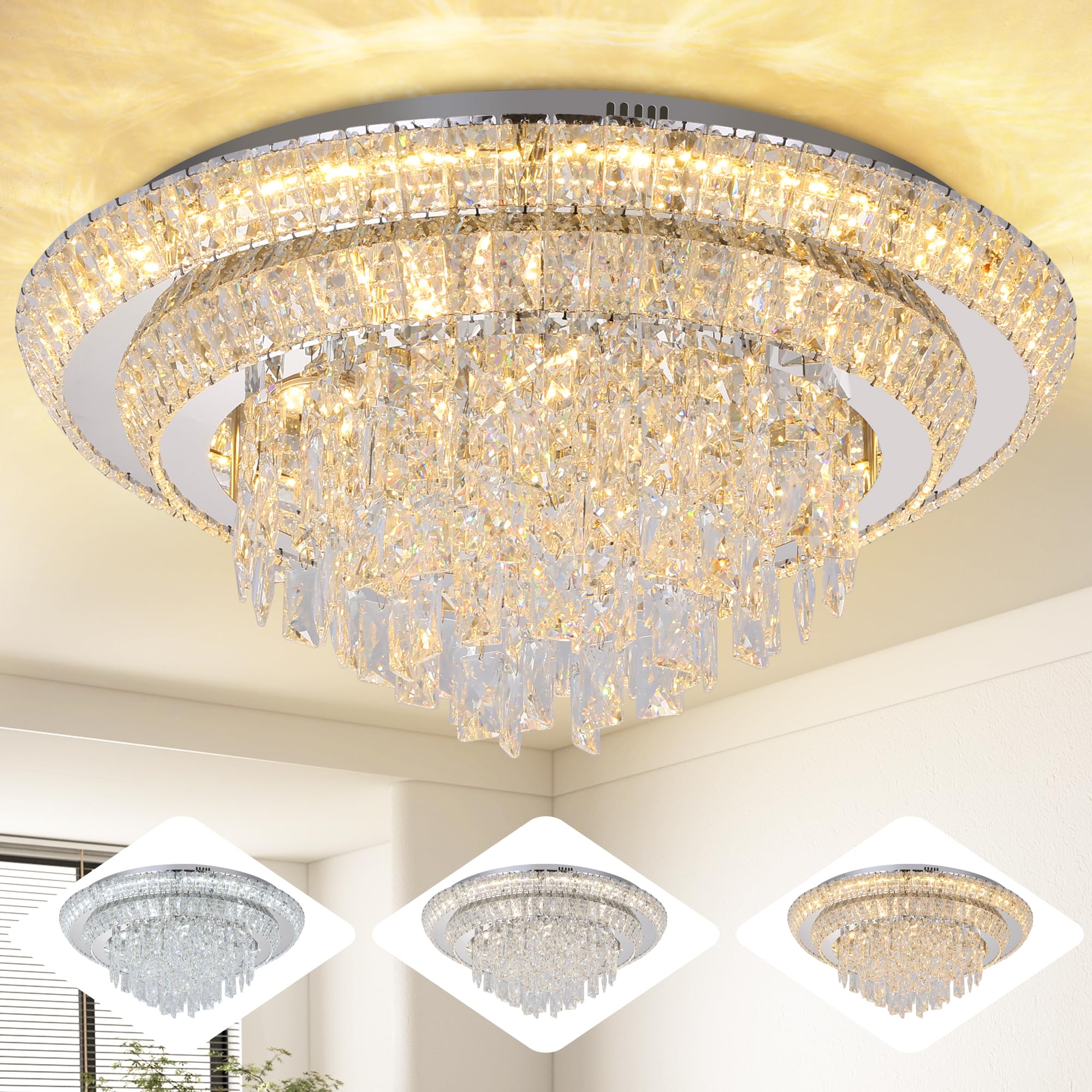 Redstar 24'' Crystal Ceiling-Light Flush Mount With Remote Control, 3 Colors Temp & Brightness Adjustable, Modern Crystal Raindr