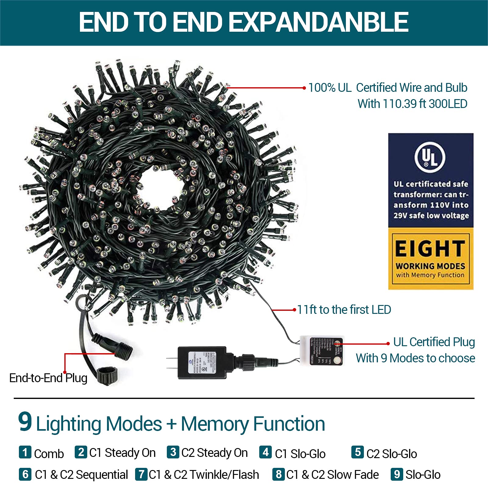 Outylts Christmas String Lights Outdoor Indoor, 110Ft 300Led Extend 9 Modes Color Changing Tree Lights Warm White Multi Color Christmas Lights, Waterproof Tree Lights Timer Remote