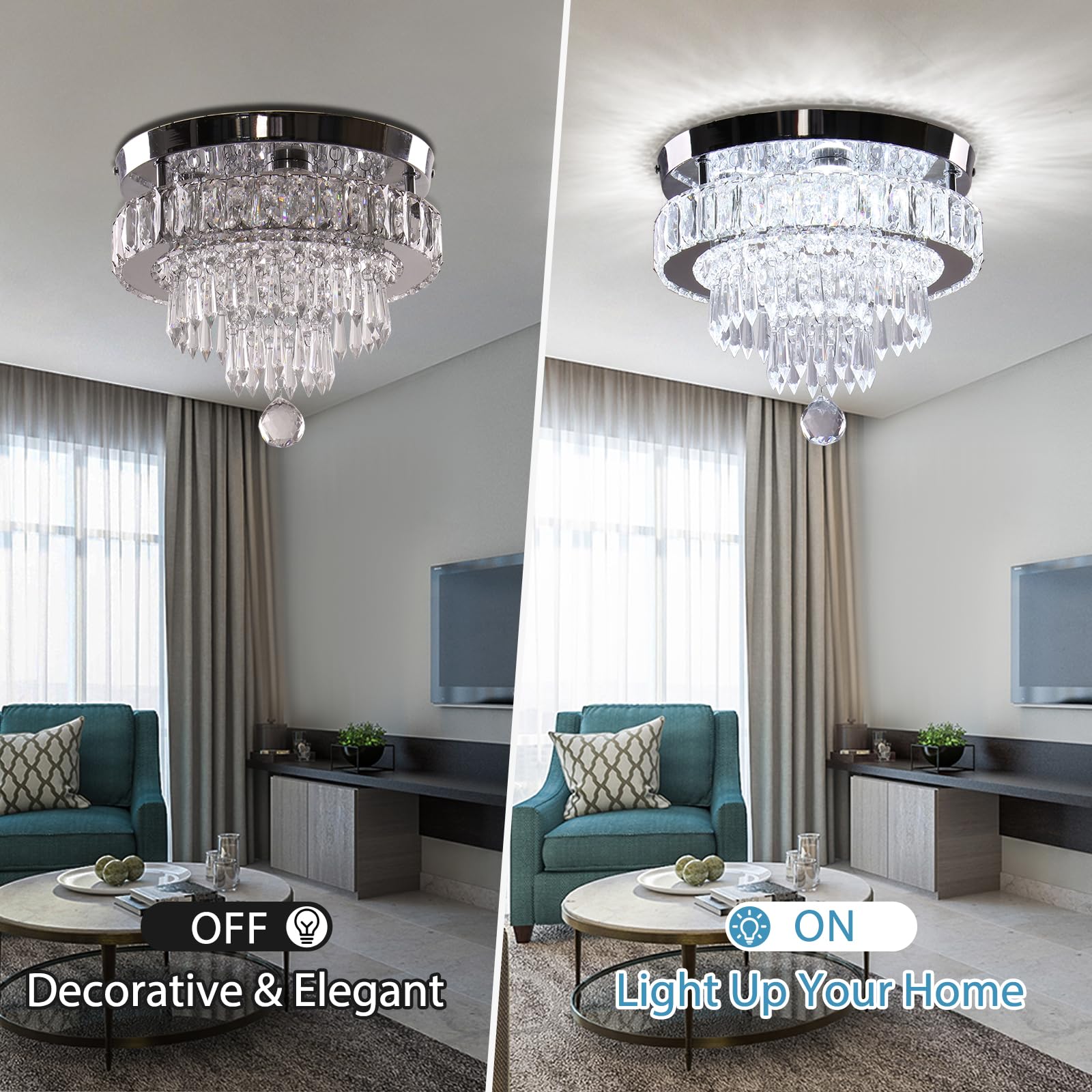 Cainjiazh 11.8" Modern Crystal Chandelier, Flush Mount Ceiling Light, Stainless Steel, Cool White, Model US-300DSJ