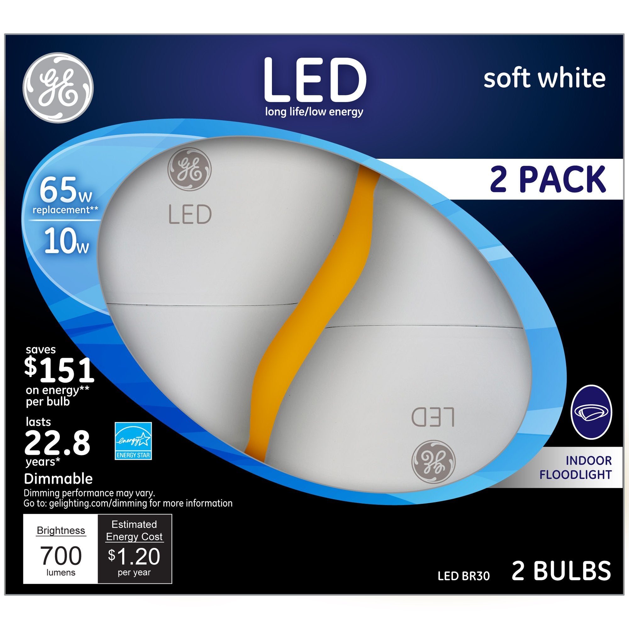 Ge Lighting Energy-Smart Soft White Led Flood Light Bulb, 10 Watt (65-Watt Replacement), 700-Lumen Br30 With Medium Base, 2-Pack