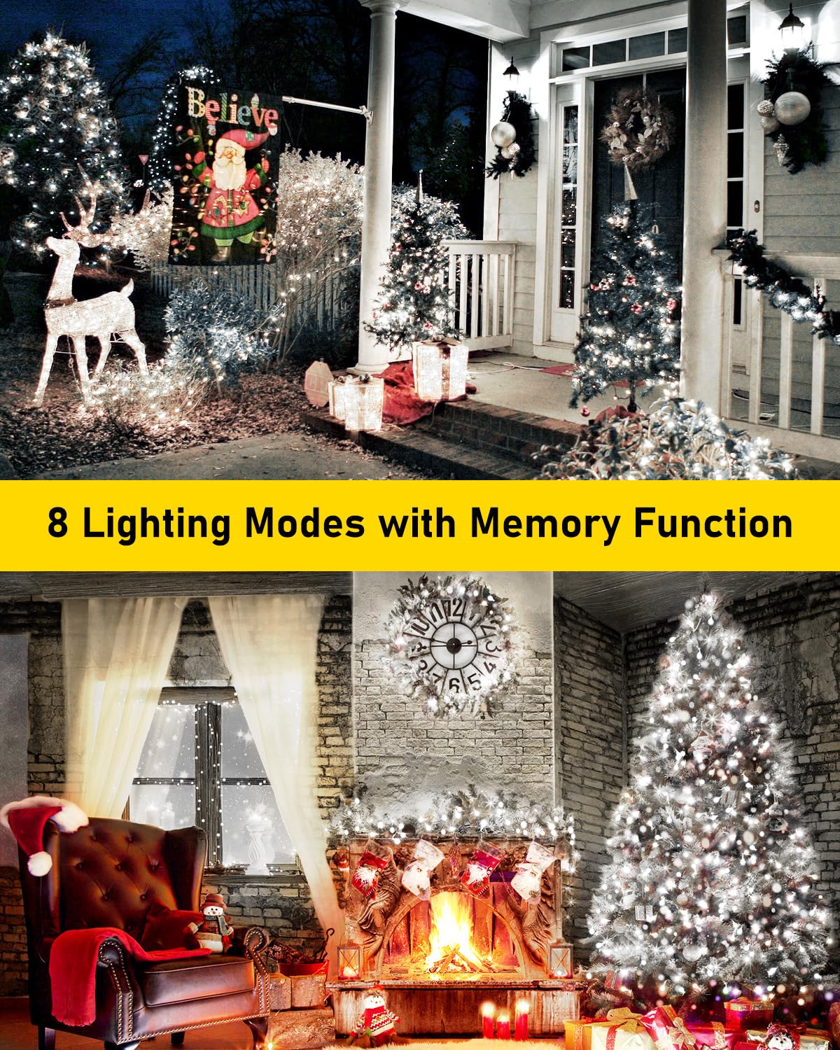 KNONEW 600 LED Outdoor Fairy Lights, 203FT Green Wire, Waterproof, 8 Modes, Cool White, Model 68KN-168LIG-NIU
