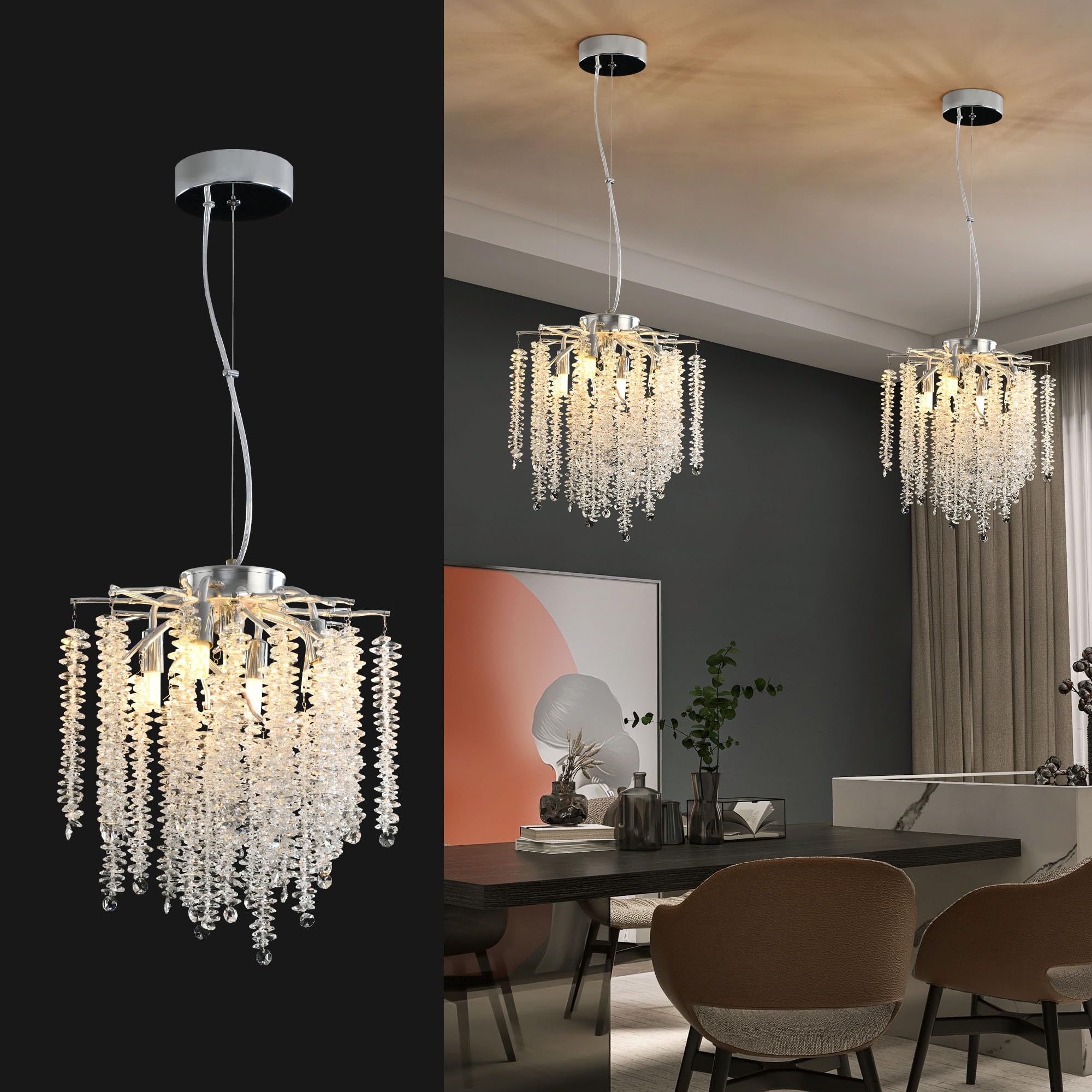 Upfelw Modern Crystal Branch Chandelier D12, Silver Luxury Round Tree Branch Raindrop Pendant Light Fixture 5 Lights for Kitchen