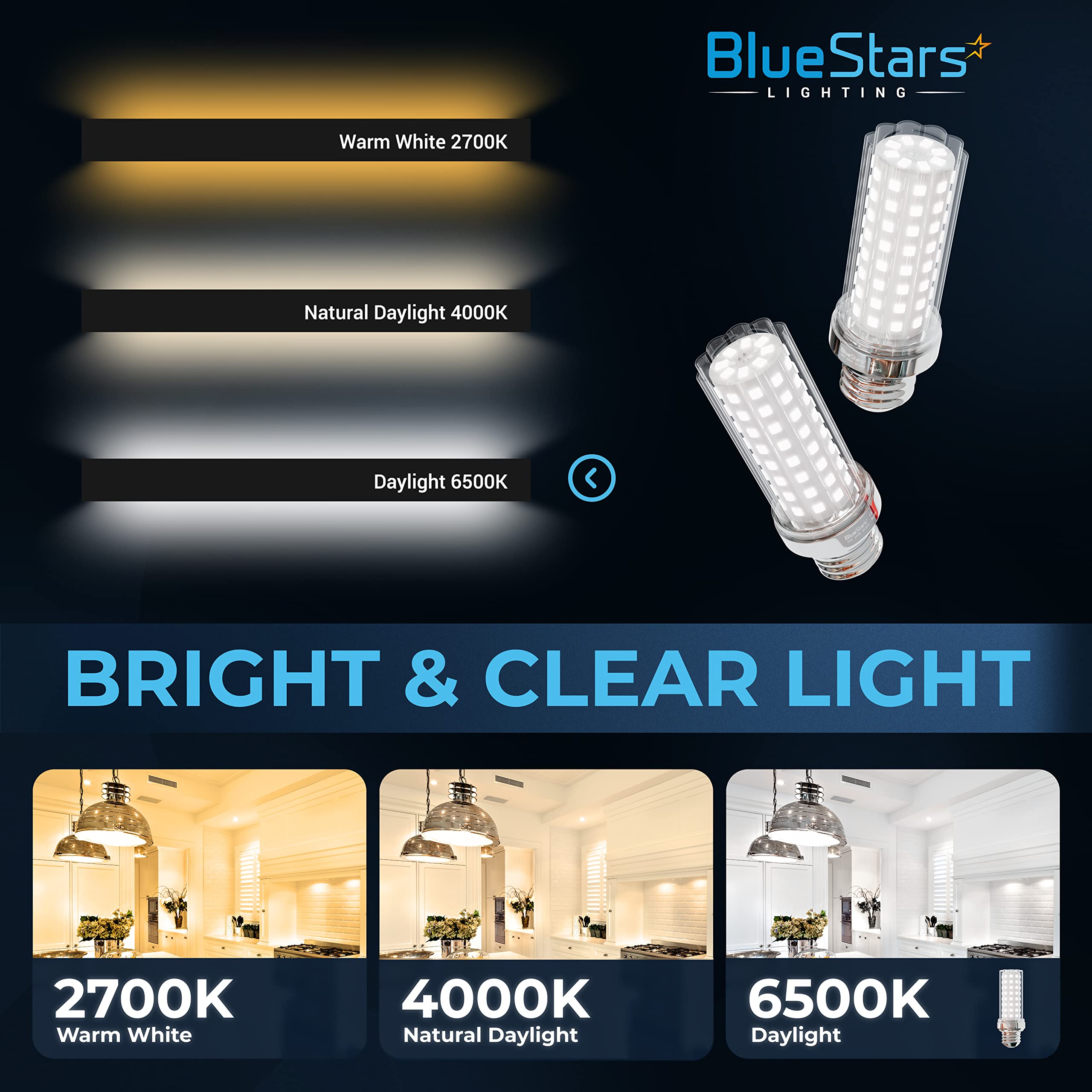 BlueStars LED Corn Light Bulbs, 150W Equivalent, 1600 Lumens, 20W E26 Base, 6500K Daylight White, Non-Dimmable, 4