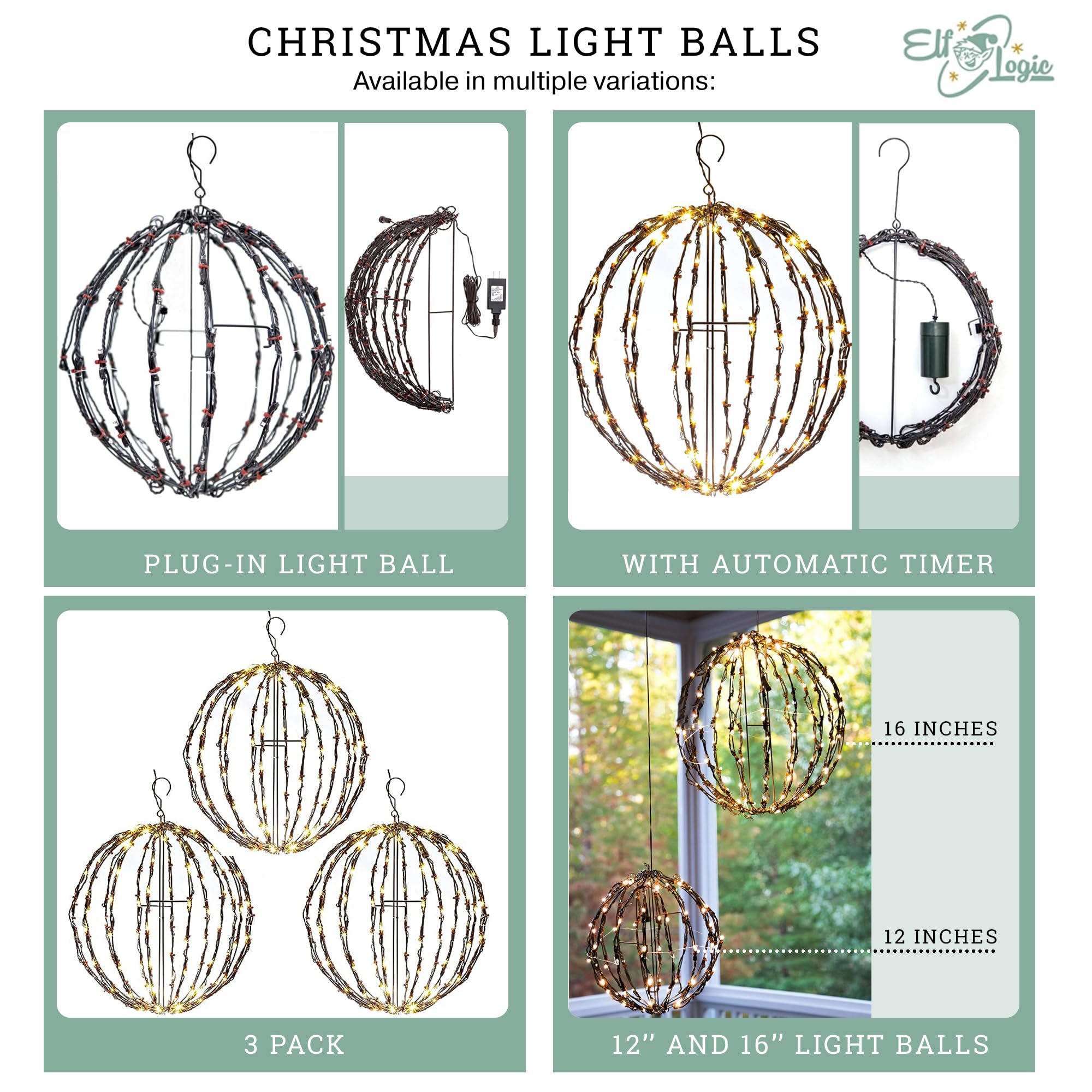 Elf Logic LED Christmas Light Balls - 16” Waterproof, Durable, Warm Lights - 3 Pack