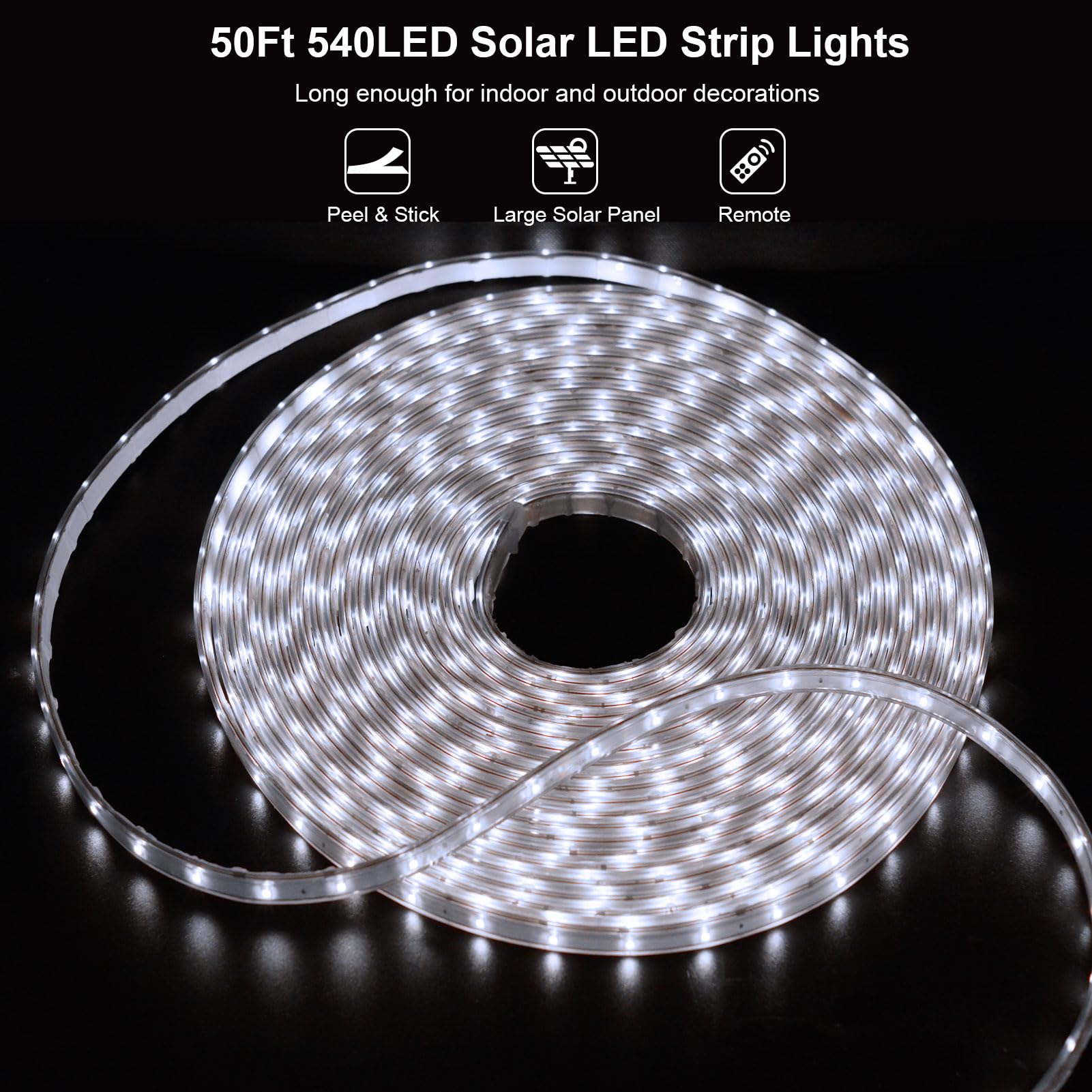 BSGlobal 50Ft Solar LED Strip Lights, 540 LEDs, IP68 Waterproof, Remote Control, Self-Adhesive, Cool White, Model S-15MStripL