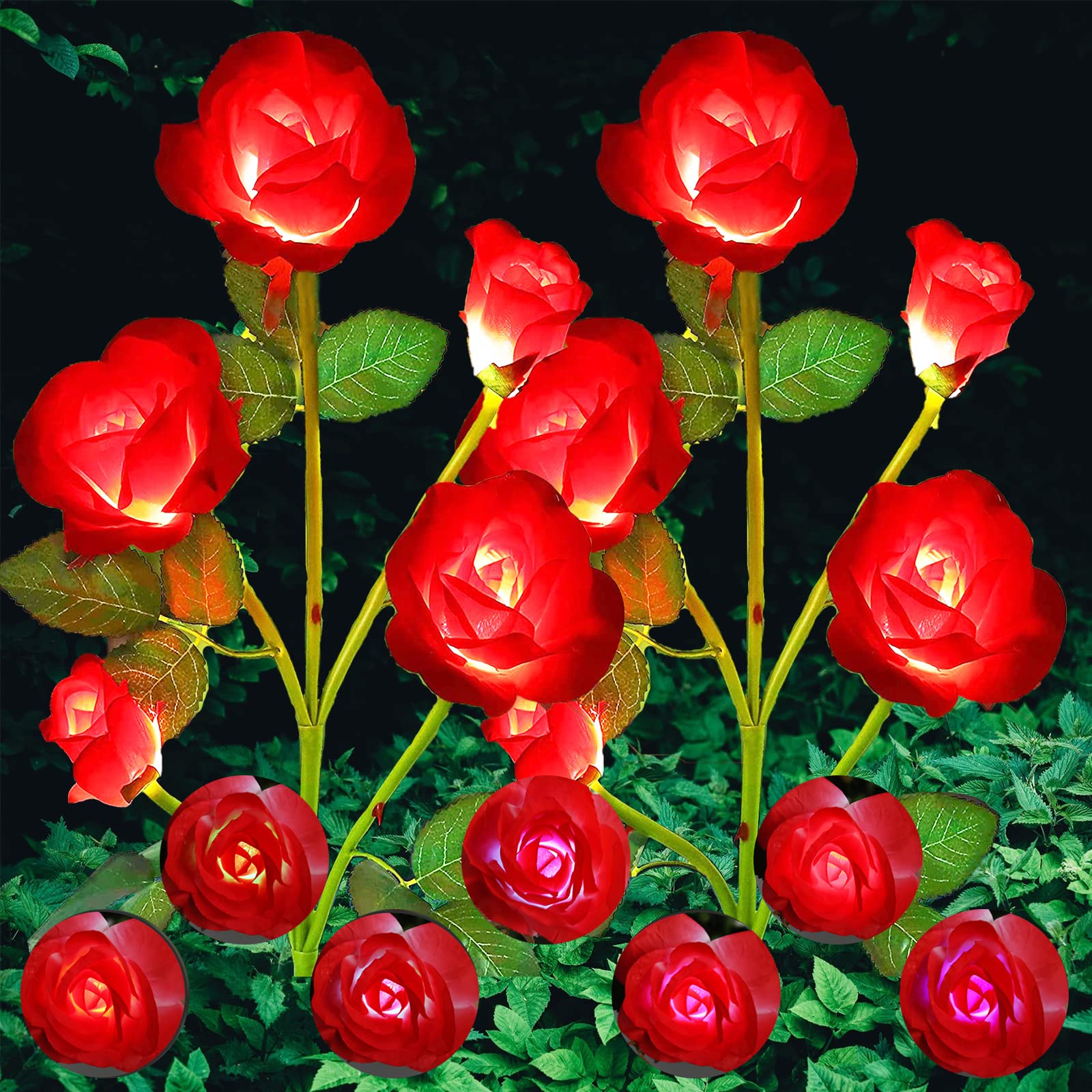 ANGMLN Solar Garden Lights, 2 Pack Red Rose, 10 Head, 7-Color Changing, Waterproof Outdoor Decoration for Garden, Pathway, Patio