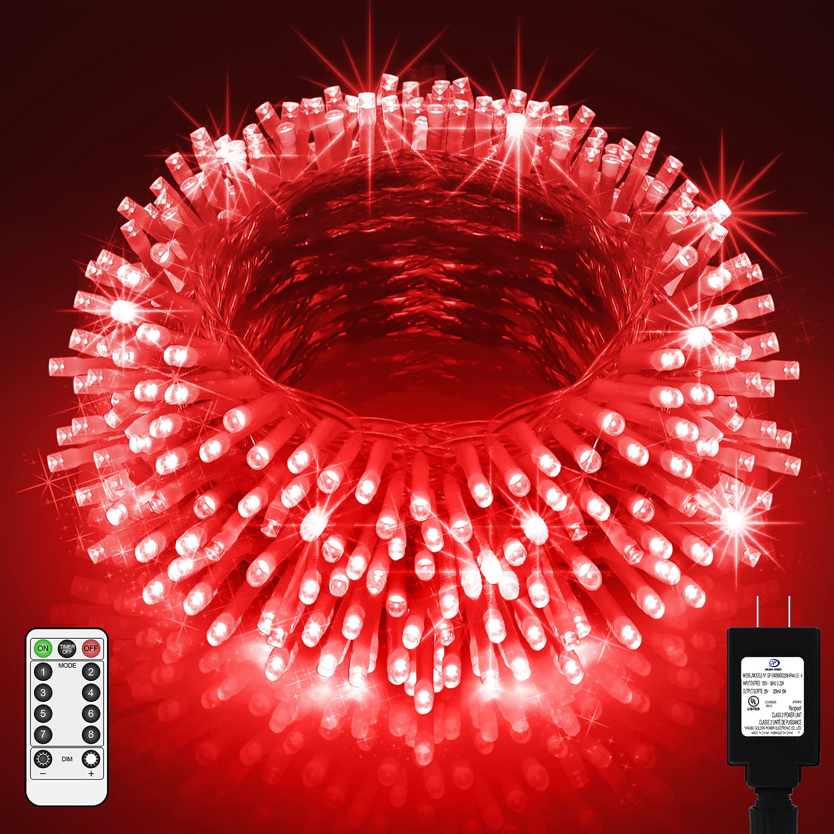 JXLEDAYY LED Christmas Lights Outdoor 1000 LED 403 Ft Clear Wire Red Waterproof 8 Modes Timer Model BG-CL3M3-306L01
