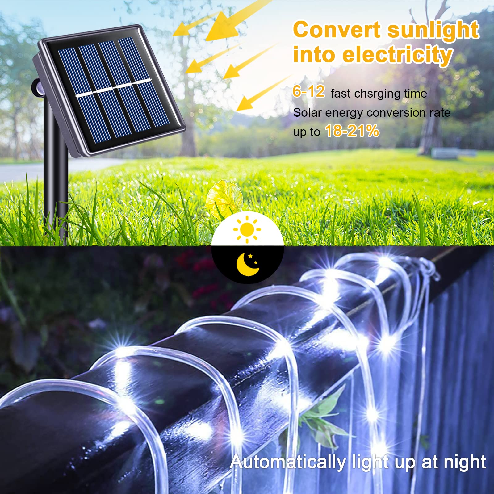 JMEXSUSS Solar Rope Lights, 200 LED, 72ft, Waterproof, 8 Modes, White, Outdoor Fairy Lights for Garden, Pool, Yard, Pathway Decor