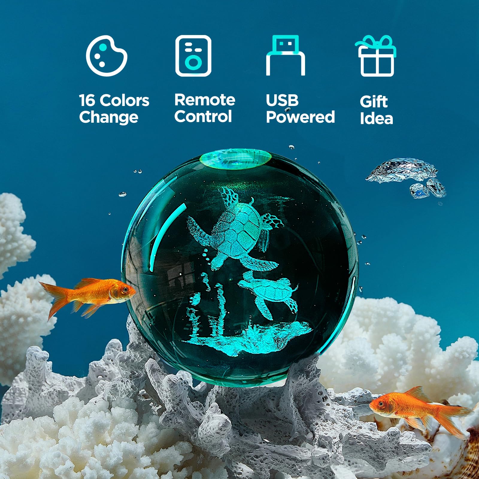 3D Sea Turtle Crystal Ball Night Light With 16 Color Led Wooden Base  Large 3.15 Inch Sea Turtle Glass Ball Lamps With Remote Cool Birthday Christmas Turtle Decor Gifts For Boys Girls Friends