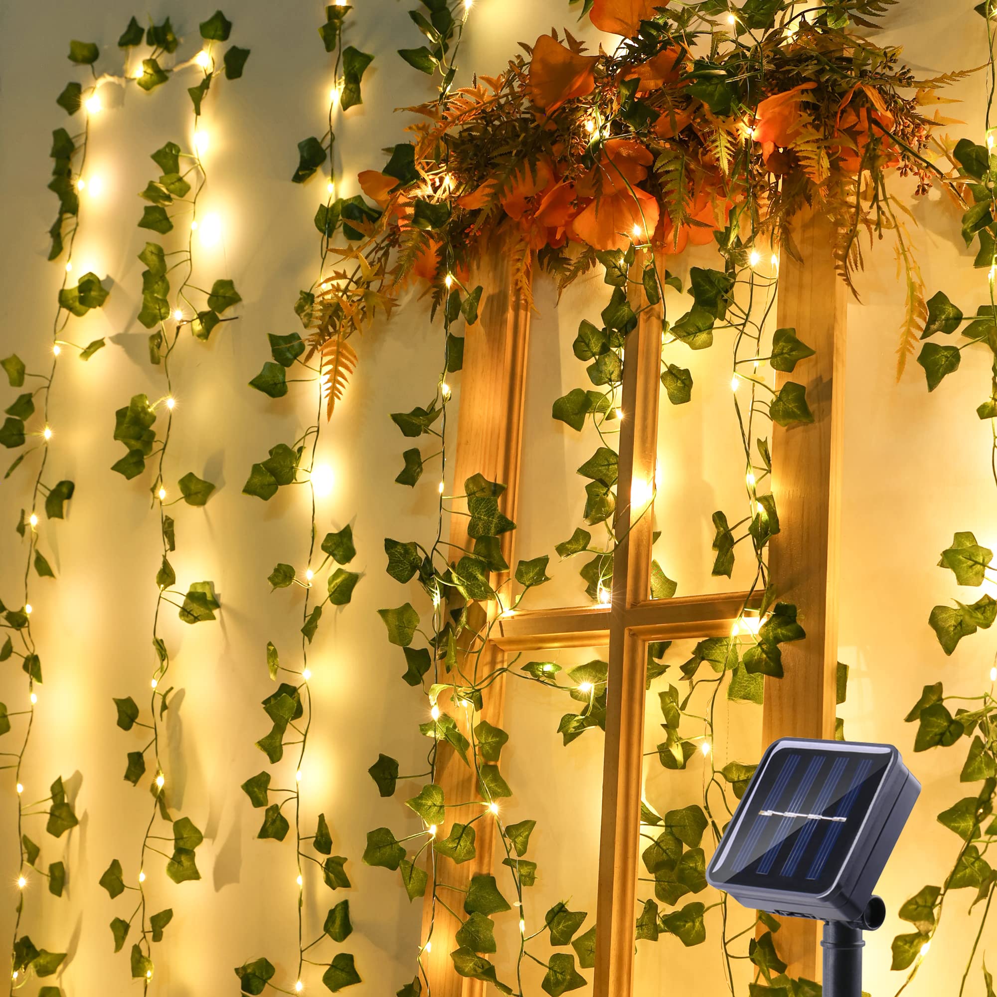 Brizled Solar Vine String Lights, 33ft 100 LED Solar String Lights, 8 Modes Artificial Ivy Leaf Solar Plant Vine Lights, Outdoor