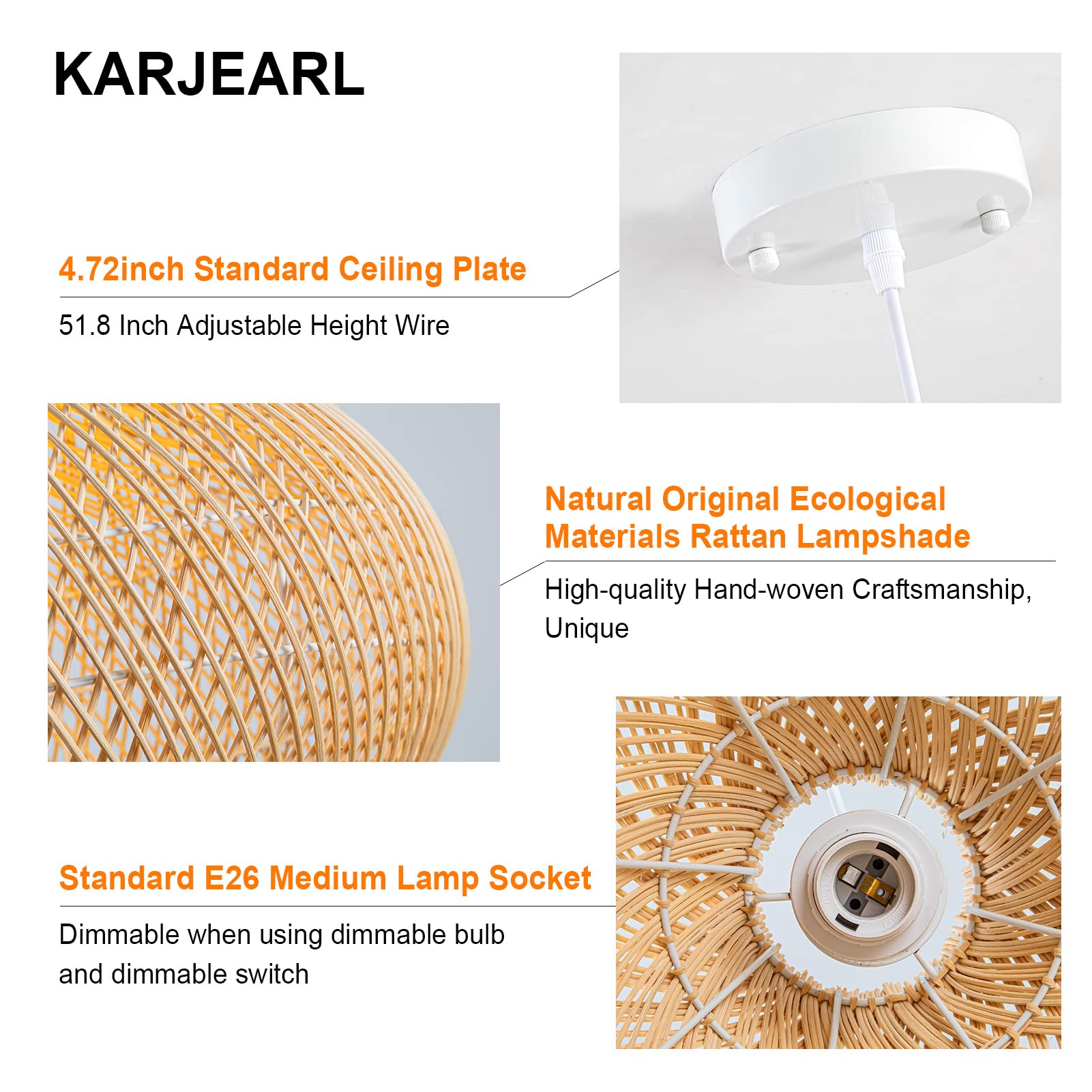 Karjearl Rattan Pendant Light - Boho Wicker Chandelier For Dining Room & Kitchen Island, Raindrop Light