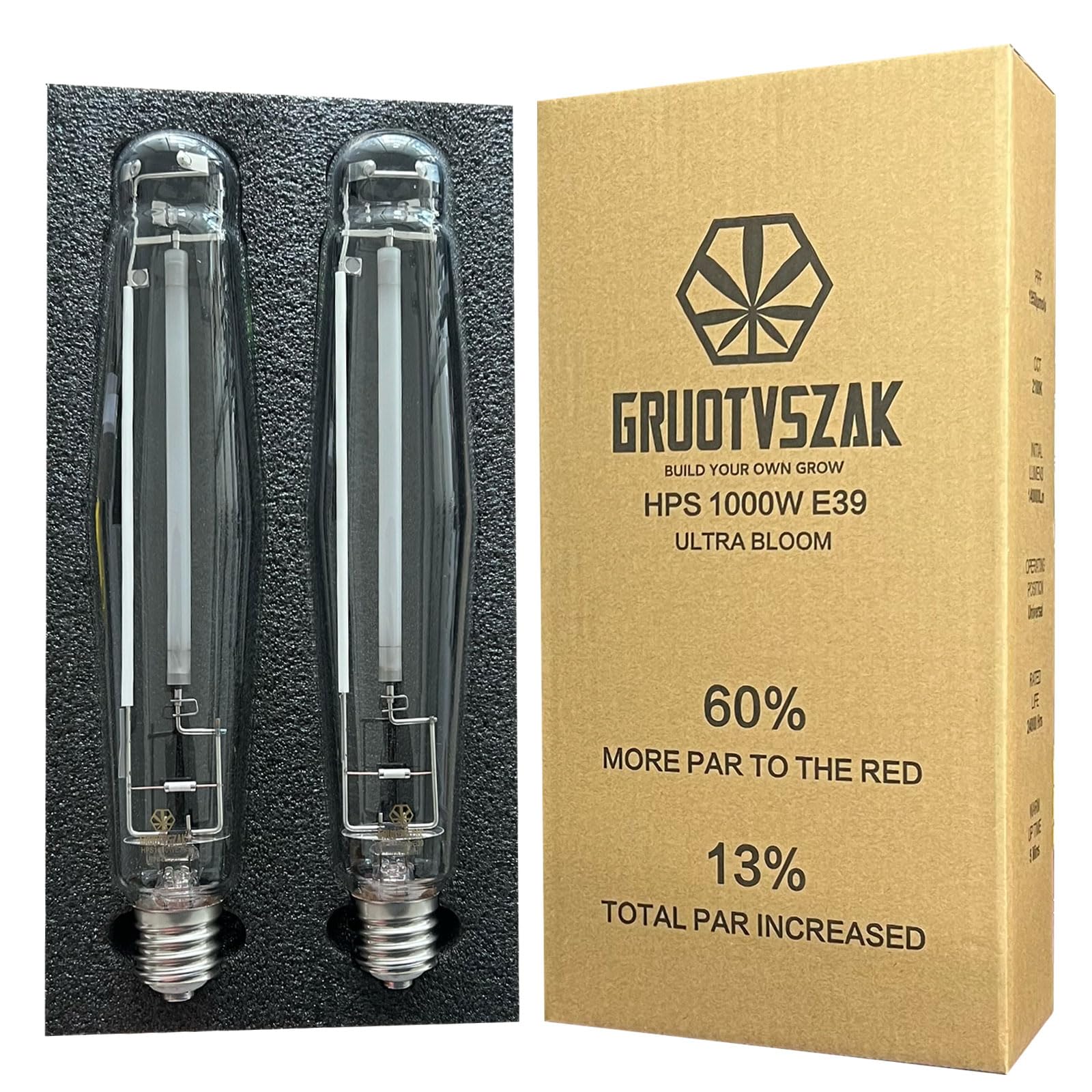 Gruotvszak Hps 1000 Watt Grow Light Bulb E39 60% Increases On Red Spectrum 1950?mol 136000Lm Ultra Bloom Flowering High Pressure Sodium 2-Pack