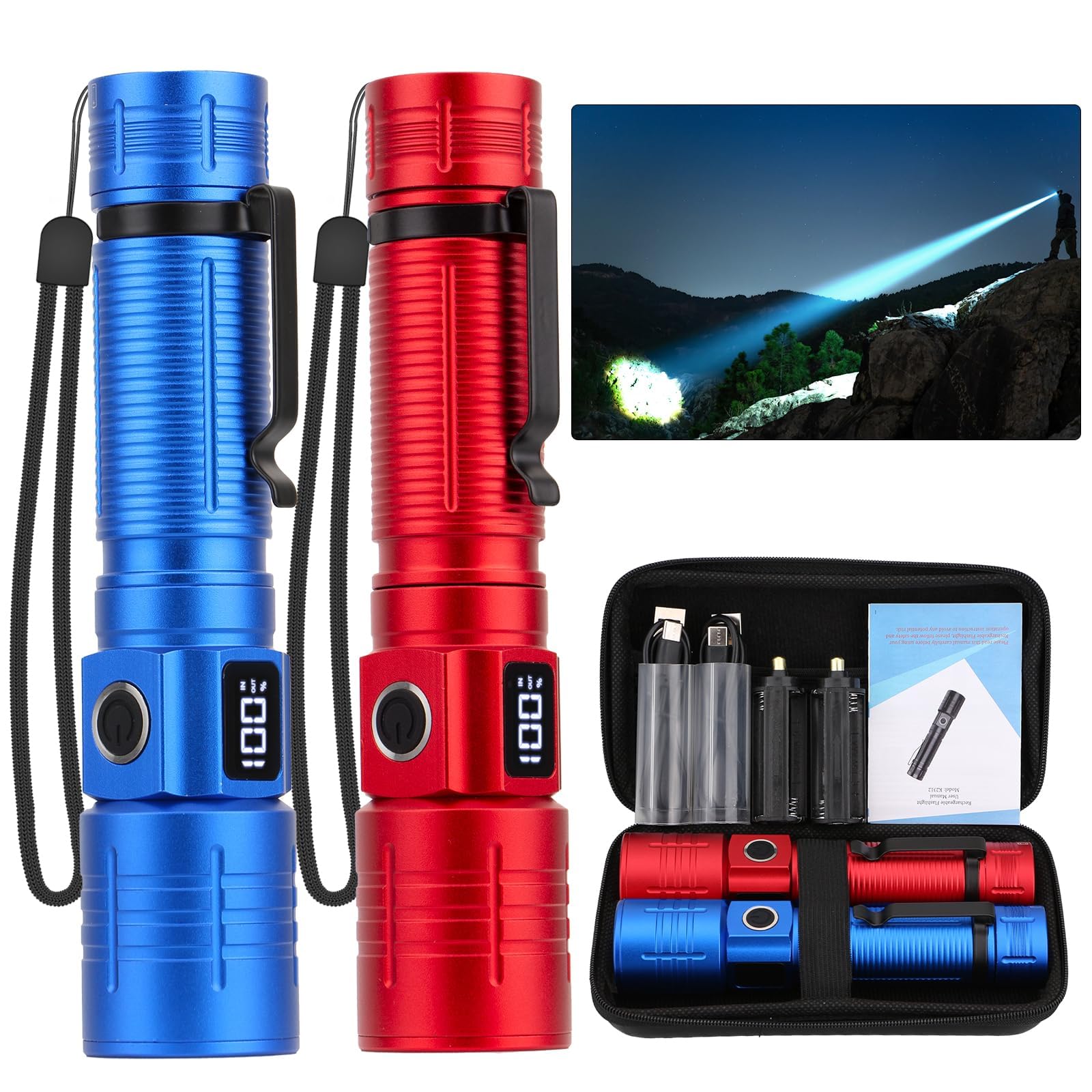 NetCan LED Flashlight, Tactical Rechargeable Light, 6 Modes, Waterproof, Aluminum, Red+Blue, Model K2312