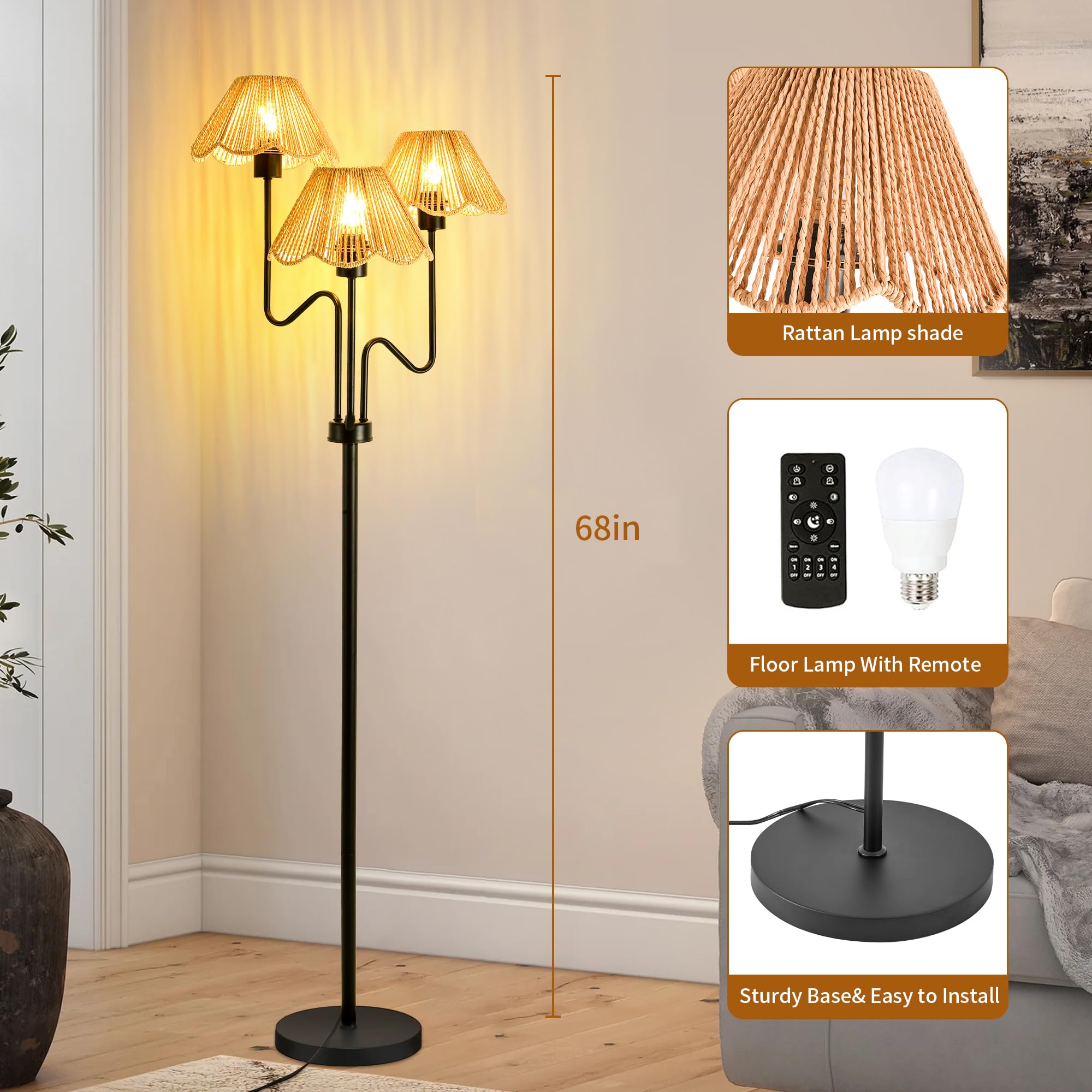 Zecoxol Rattan Floor Lamp For Living Room Bedroom,3-Light Floor Lamp With Remote Control,Boho Flower Lamp Black Tree Standing La