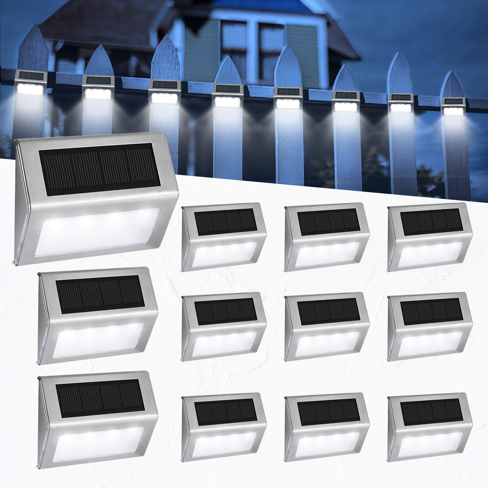 EASTERNSTAR Solar Deck Lights 12-Pack, 4 LEDs, Stainless Steel, Solar Powered, Waterproof IP44, Ideal Outdoor Lights for Step St