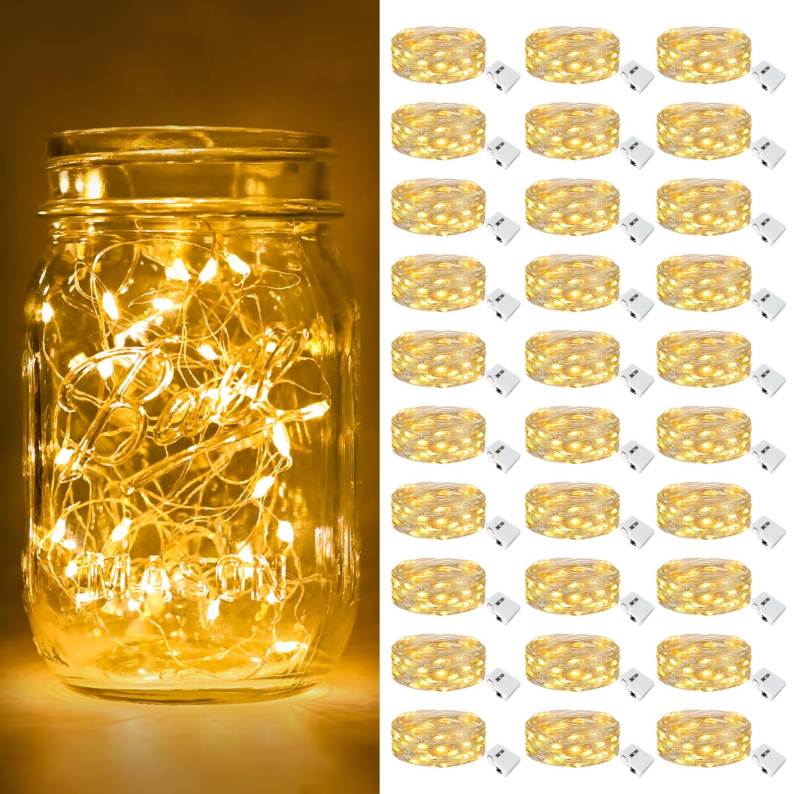 Btfarm 30 Pack Fairy Lights Battery Operated [3 Modes], 7Ft 20 Led Twinkle Lights String Lights Waterproof Bulk Small Mini Silver Wire For Christmas Mason Jars Wedding Table Centerpiece, Warm White