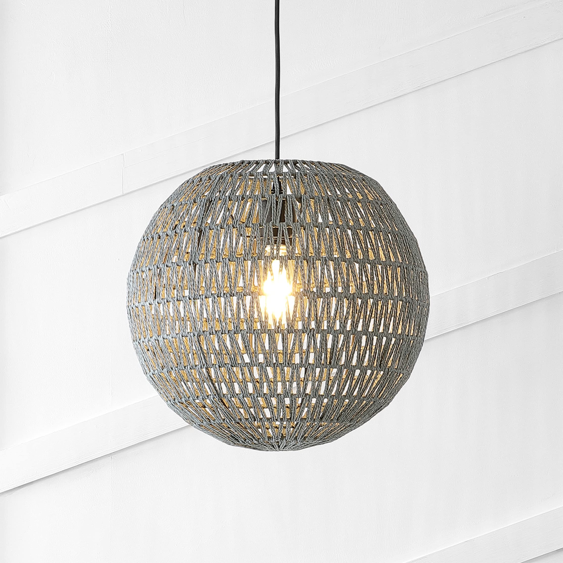 JONATHAN Y Luna 1-Light Pendant, 15.75in Woven Rattan/Iron, Gray/Black, Model JYL6503D, Adjustable for Dining Room, Living Room