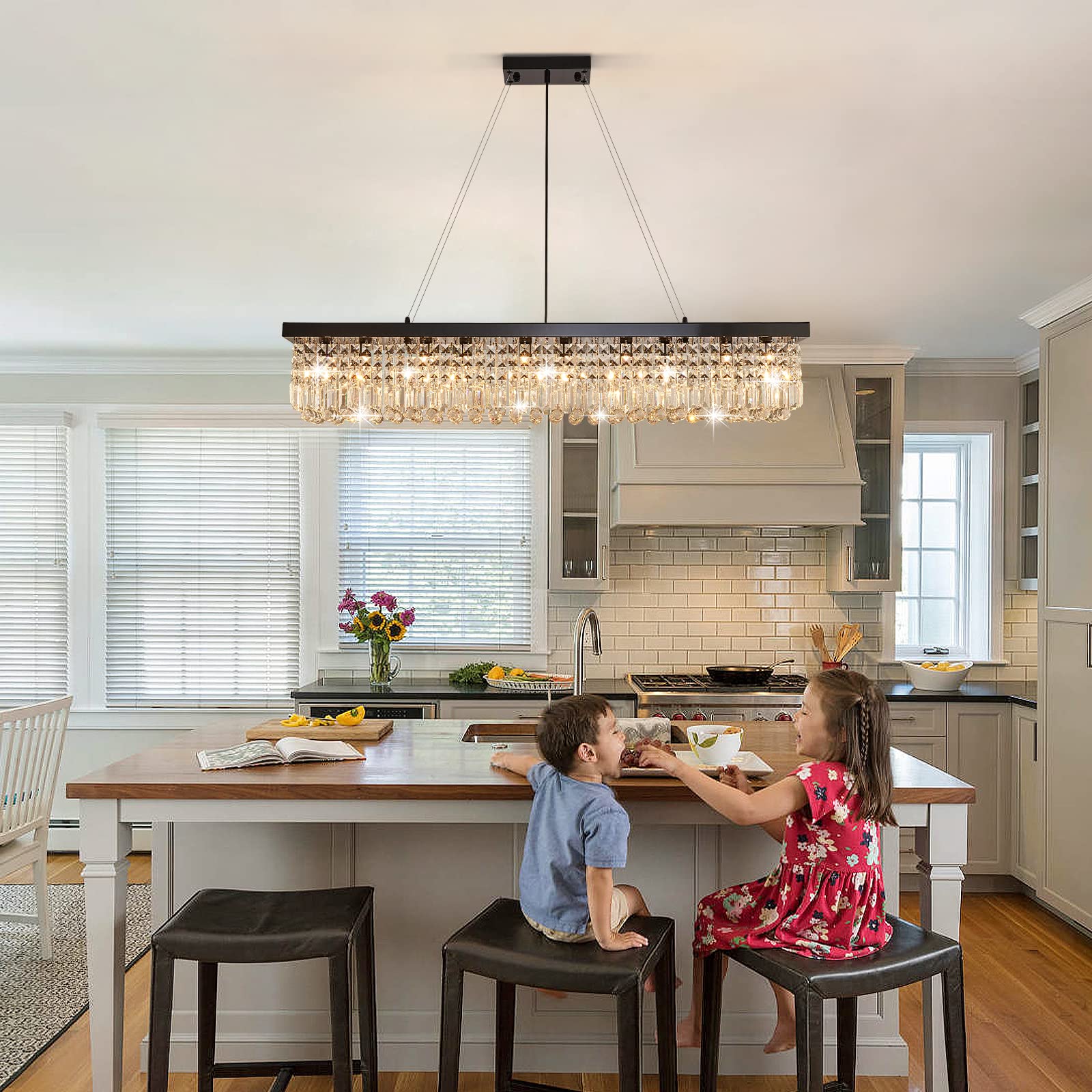 7Pm K9 Crystal Chandelier - Modern Rectangular Pendant Light, Black, L47Xw10Xh10, Stainless Steel, Model Cl010843